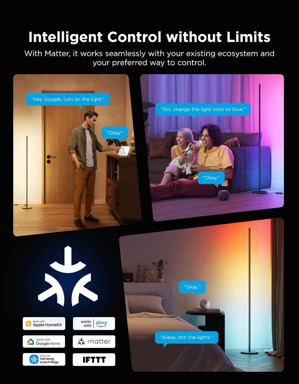 Govee RGBIC LED Lamp - 1000lm Smart Corner Lamp with Music Sync, 16 Million Colors, Compatible with SmartThings, Alexa, and Matter for Bedroom and Living Room