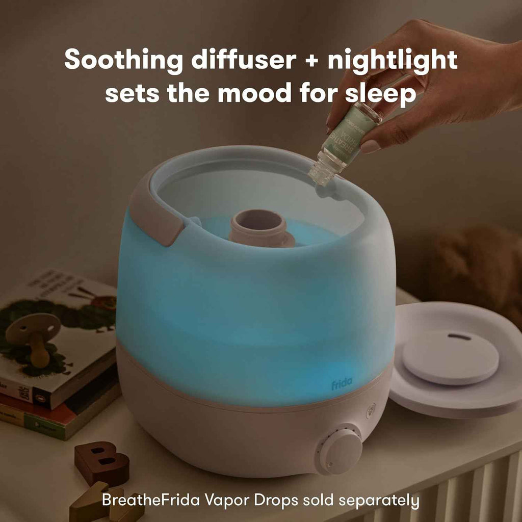 Frida Baby 3-in-1 Cool Mist Humidifier for Clogged Nose Relief, Top Fill Design for Babies, 60 Hour Runtime, Nightlight, Auto Shut-Off, Quiet Operation, Essential Oil Diffuser