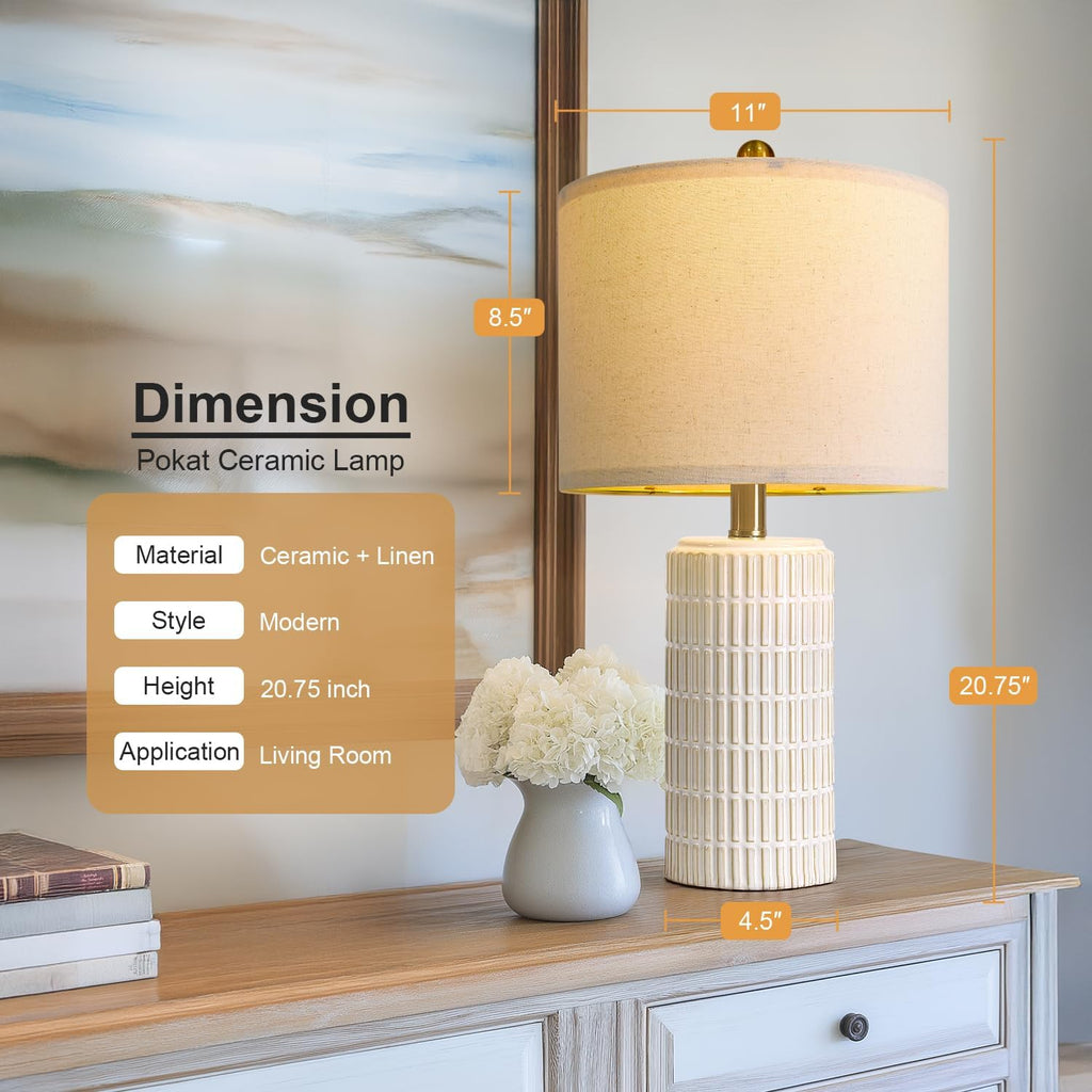 PoKat 20.75" Small Modern Ceramic Table Lamps Set of 2 for Bedroom, White Bedside Lamps for Night Stands, Farmhouse Desk Decor Gift Nightstand Table Lamps for Living Room End Table Beige Yenka Supply