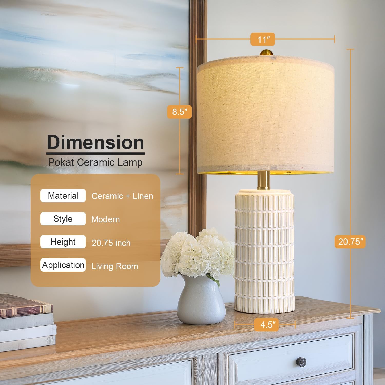 PoKat 20.75" Small Modern Ceramic Table Lamps Set of 2 for Bedroom, White Bedside Lamps for Night Stands, Farmhouse Desk Decor Gift Nightstand Table Lamps for Living Room End Table Beige Yenka Supply