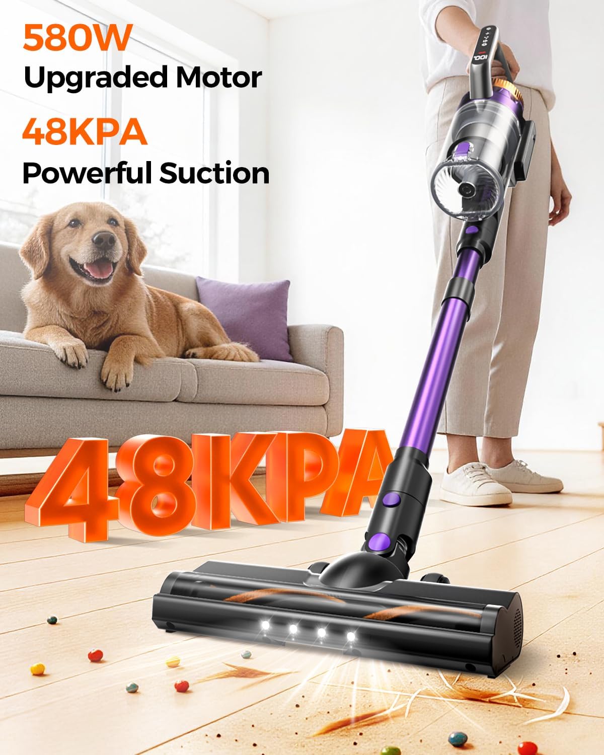 Cordless Vacuum Cleaner for Home, 580W/48KPa Powerful Suction, 65 Min Runtime, Lightweight Stick Vacuum with Touch Screen & Wall Mount, Handheld Vacuum for Pet Hair, Carpet & Hard Floors Yenka Supply