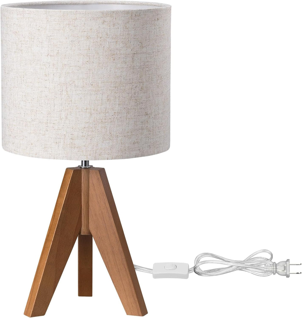 EDISHINE Tripod Table Lamp, Small Cute Bedside Lamp with Linen Beige Lampshade, Nightstand Lamp for Nursery, Bedroom, Kid Room, Living Room, Light Brown Wooden Base, E26 Socket, 14.2 Inch Yenka Supply