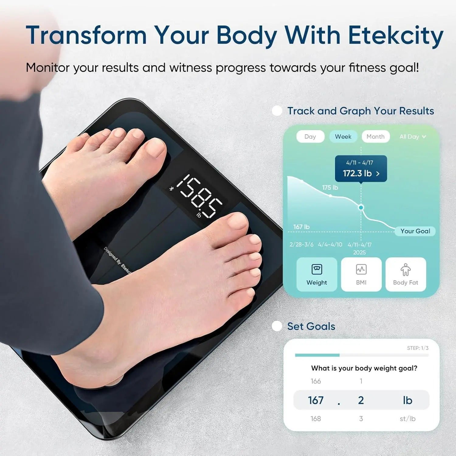 Etekcity Smart Scale for Body Weight, FSA&HSA Eligible, Bathroom Digital Weighing Scale with BMI, Body Fat, Muscle Mass, Accurate Bluetooth Home User Health Equipment Sync Apps, LED, Tempered glass - Yenka Supply