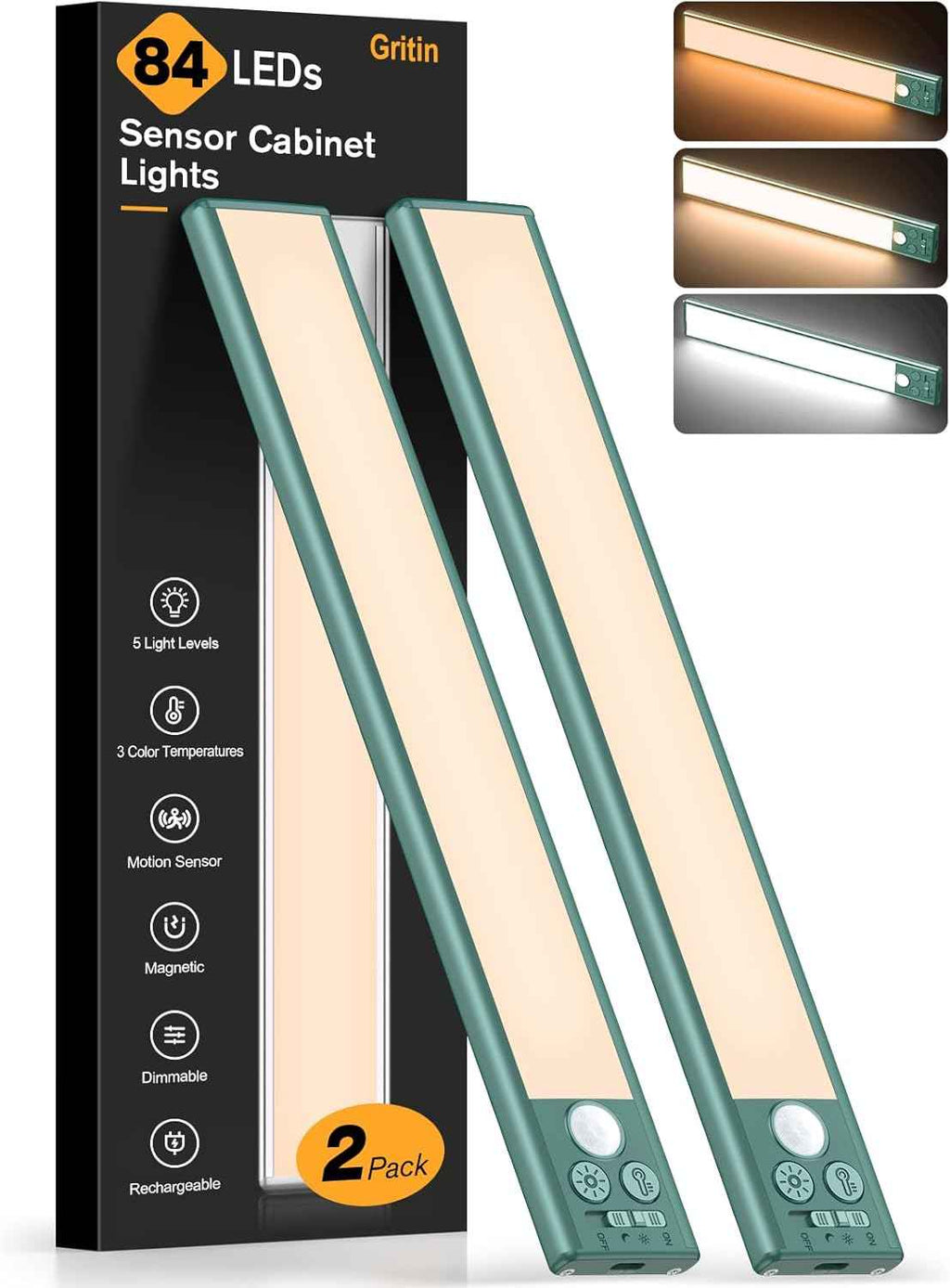 Gritin 10.2inch Under Cabinet Lighting Rechargeable 2 Pack - Super Bright with 3 Color Temps, 5 Brightness Levels, Motion Sensor & Easy Magnetic Installation