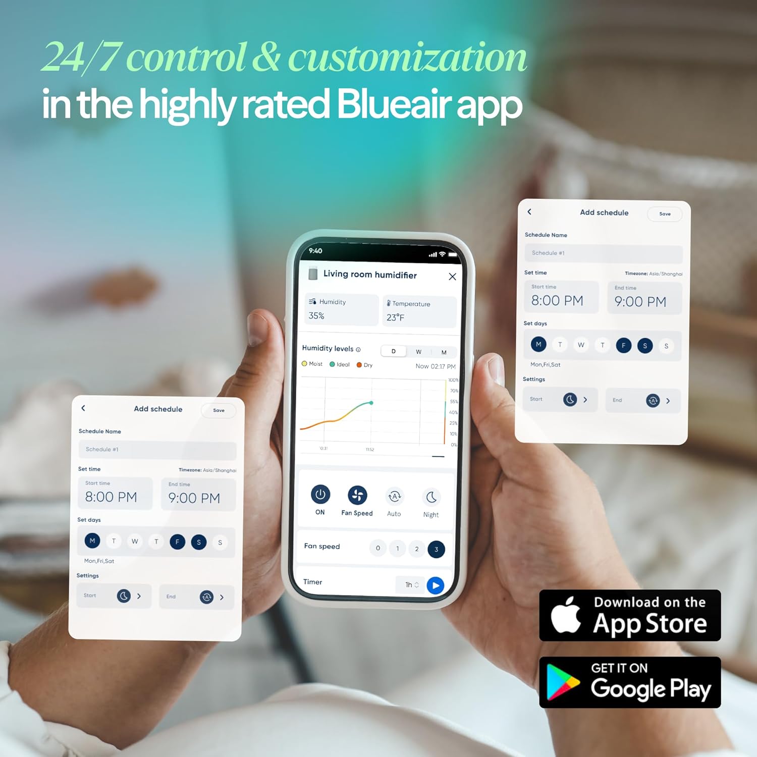 BLUEAIR Premium Smart Humidifier for Large Rooms, Bedrooms, Better Sleep with Evaporative Invisible Mist Tech, Auto Humidify, Easy Top Fill, Smart Control with App, Touchscreen, 3.5L Tank for 48 hours Yenka Supply