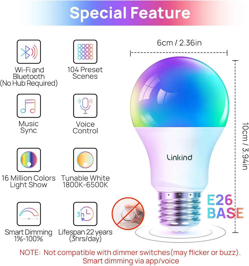 Linkind Smart Light Bulbs - Color Changing LED Bulbs with Alexa & Google Home, 104 Preset Scenes, Music Sync, A19 E26 WiFi Bluetooth 60W, 800LM - 4 Pack