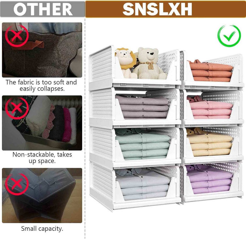 SNSLXH 5 Pack Stackable Closet Organizer - Multifunctional & Foldable Storage Baskets for Bathroom, Kitchen, Laundry Room, and Wardrobe - Space-Saving Clothes Storage Drawer Organizers in White
