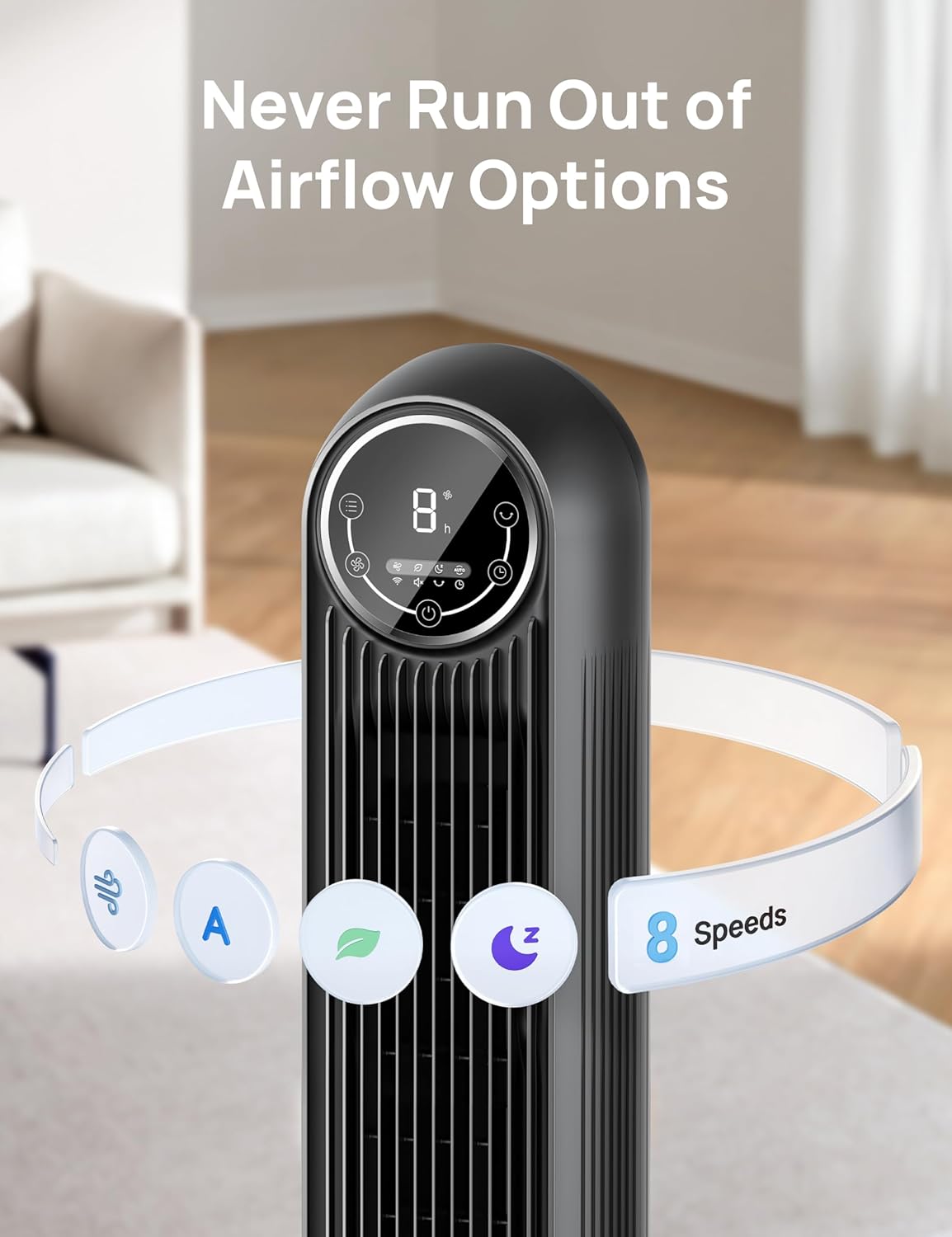 DREO Tower Fan - 2026 Upgraded DC Motor, 28ft/s High Velocity, 20dB Ultra Quiet, 8 Speeds & 4 Modes, 90° Oscillating Bladeless Floor Fan with Remote in Black - Yenka Supply