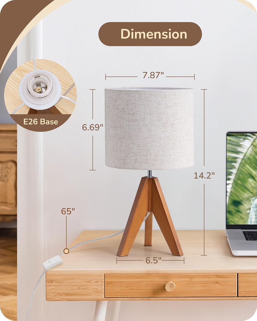 EDISHINE Tripod Table Lamp, Small Cute Bedside Lamp with Linen Beige Lampshade, Nightstand Lamp for Nursery, Bedroom, Kid Room, Living Room, Light Brown Wooden Base, E26 Socket, 14.2 Inch Yenka Supply