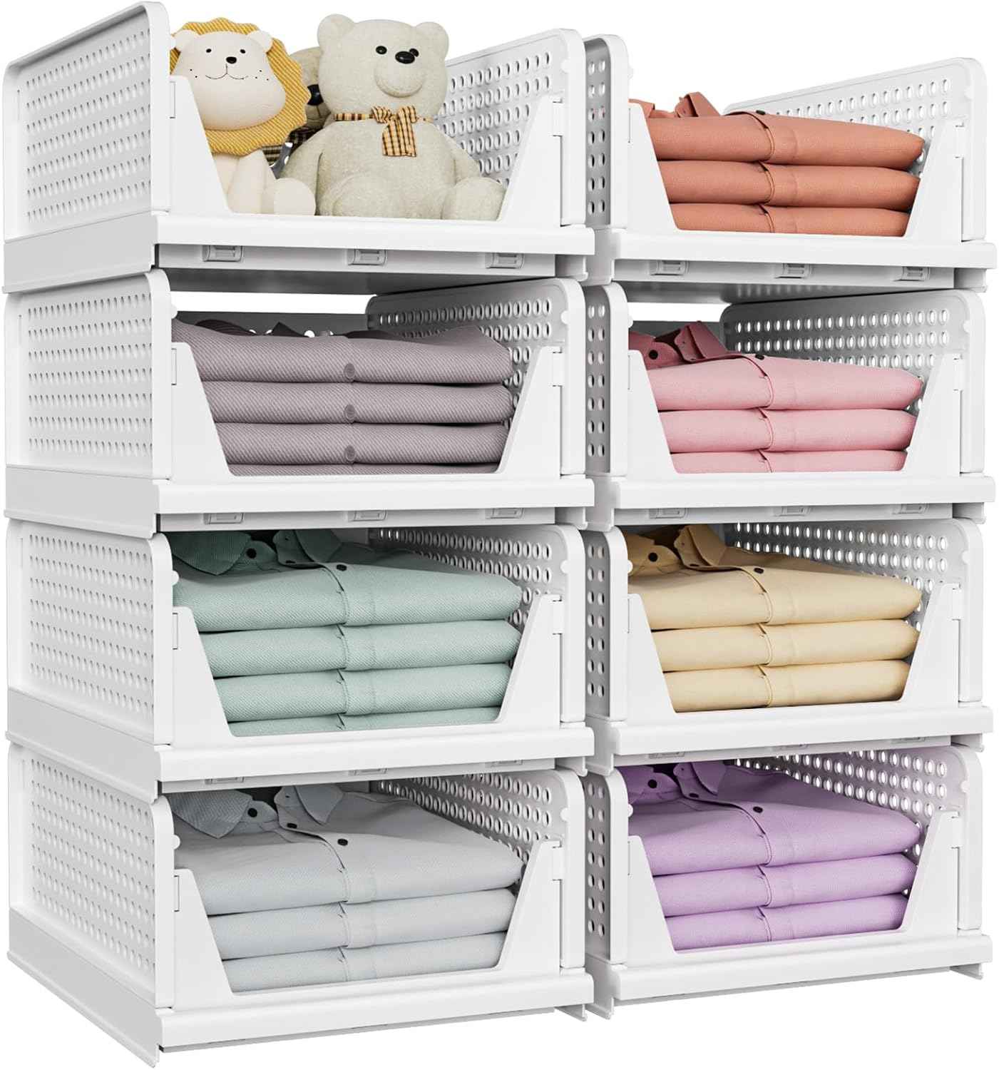SNSLXH 5 Pack Stackable Closet Organizer - Multifunctional & Foldable Storage Baskets for Bathroom, Kitchen, Laundry Room, and Wardrobe - Space-Saving Clothes Storage Drawer Organizers in White