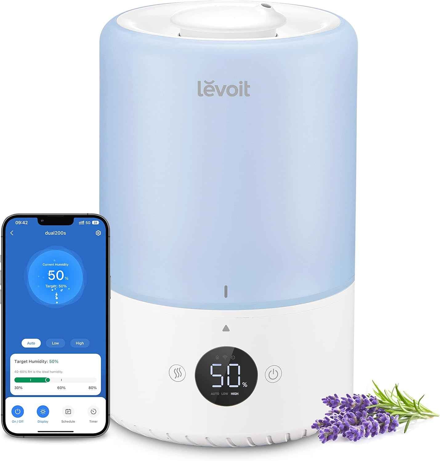 LEVOIT Humidifiers for Bedroom, 4.2L Top Fill for Large Room with 42H Runtime, Dishwasher Safe Design Easy to Clean, 21dB Quiet Cool Mist for Baby, Plants, Night Light, Essential Oil Diffuser, White