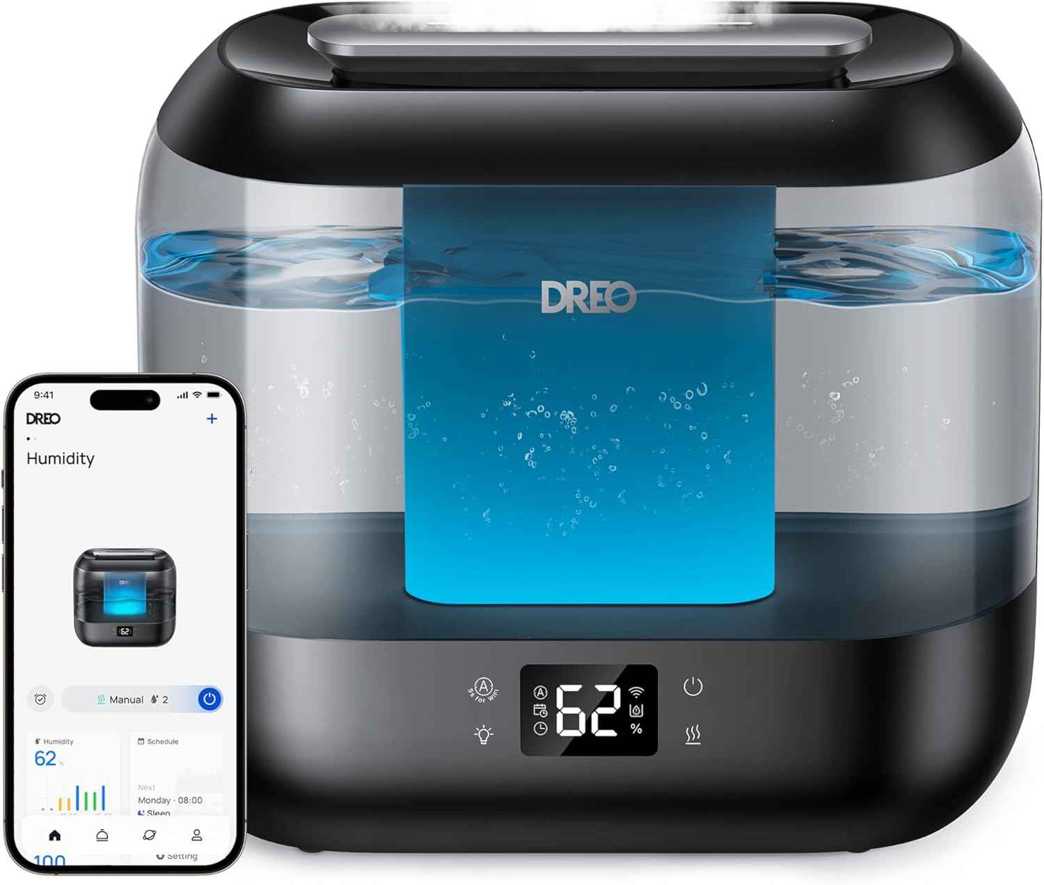 Dreo Smart Humidifiers for Bedroom - Top Fill 4L Large Room Humidifier with 28 dB, 36H Runtime, Touch/APP/Voice Control, Nightlight, Cool Mist for Baby, Plants, Indoor - Black
