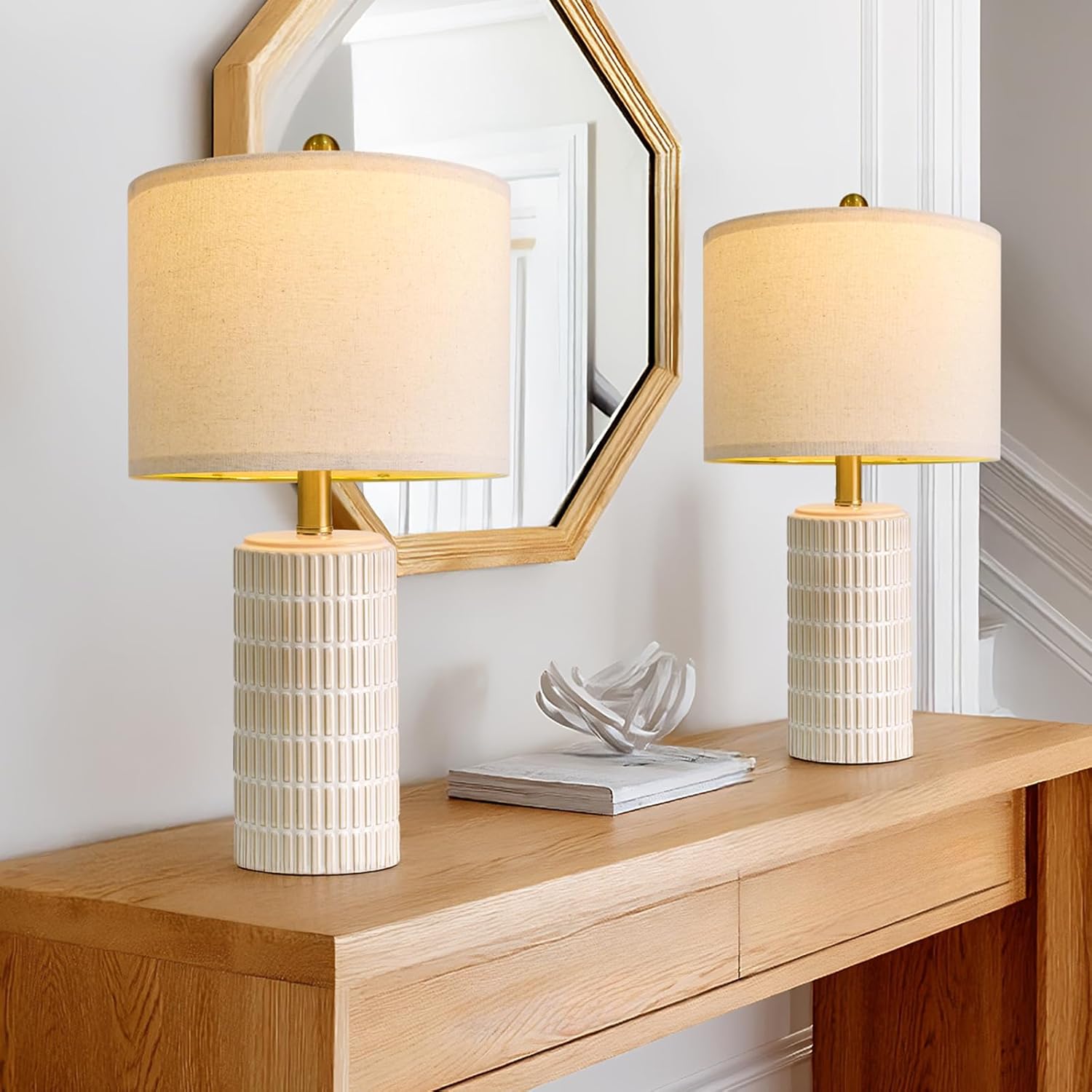 PoKat 20.75" Small Modern Ceramic Table Lamps Set of 2 for Bedroom, White Bedside Lamps for Night Stands, Farmhouse Desk Decor Gift Nightstand Table Lamps for Living Room End Table Beige Yenka Supply