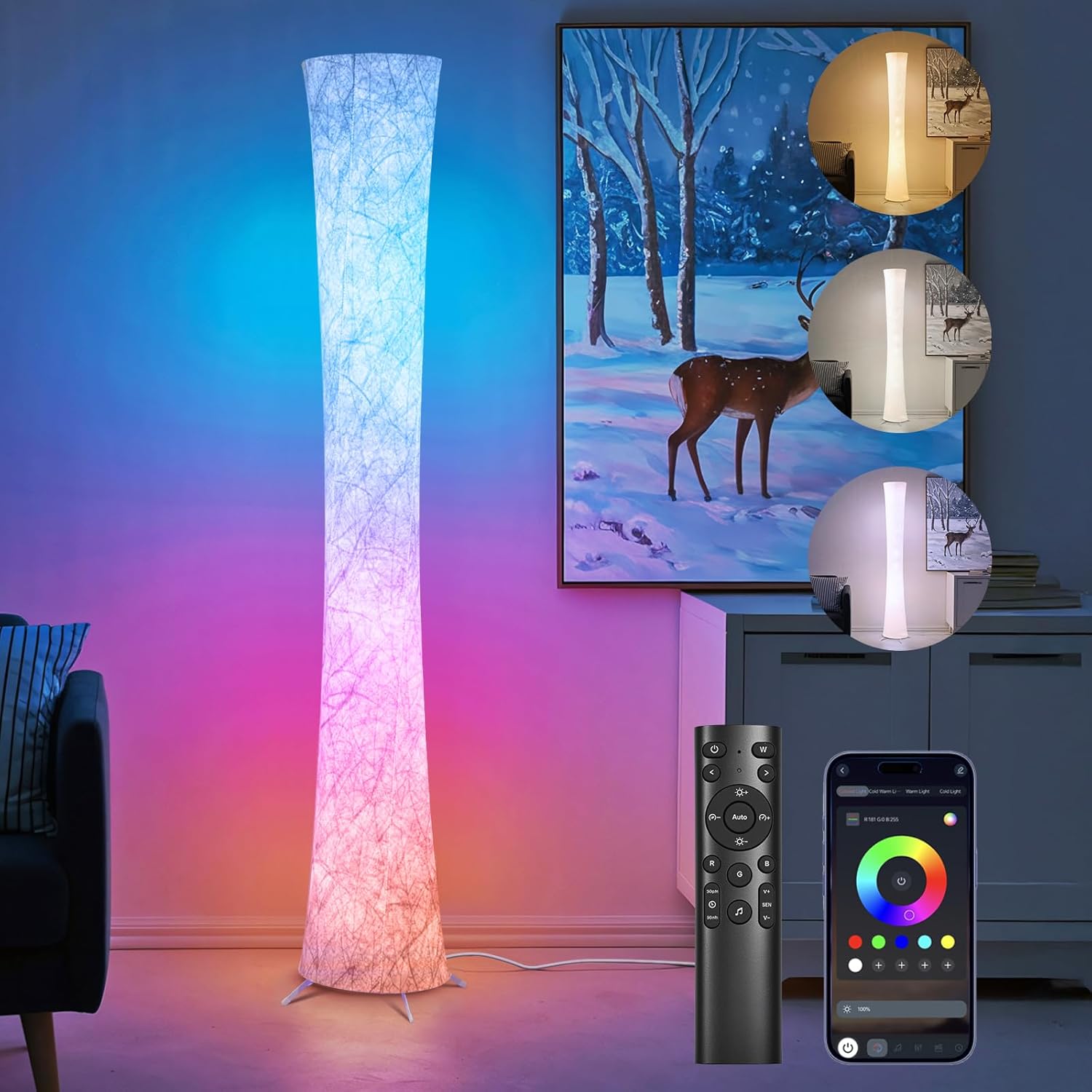 WORLD WIN Floor Lamp, 61'' Smart RGB LED Corner Lamp with Music Sync and 16 Million DIY Colors, 3 Color Temperature, APP & Remote Control, Color Changing Standing Floor Lamp for Bedroom Living Room Yenka Supply