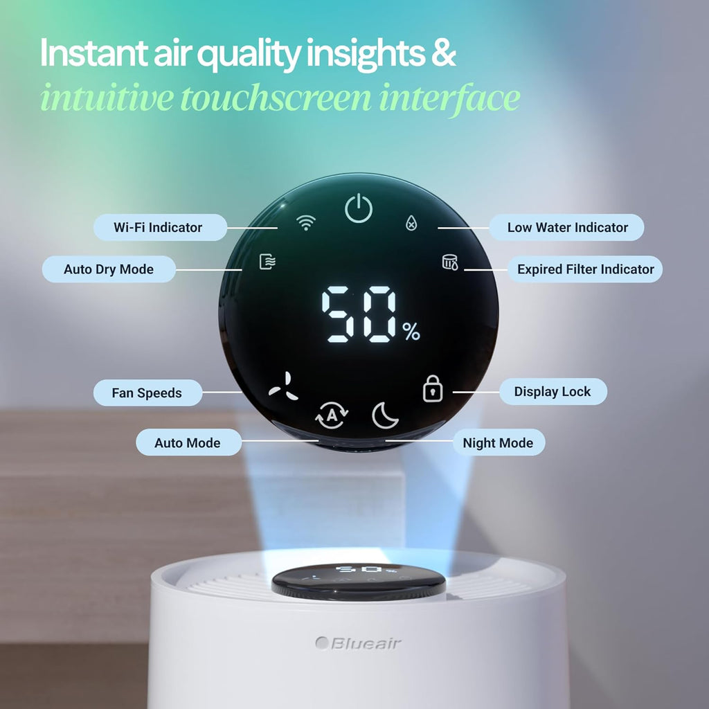 BLUEAIR Premium Smart Humidifier for Large Rooms, Bedrooms, Better Sleep with Evaporative Invisible Mist Tech, Auto Humidify, Easy Top Fill, Smart Control with App, Touchscreen, 3.5L Tank for 48 hours Yenka Supply