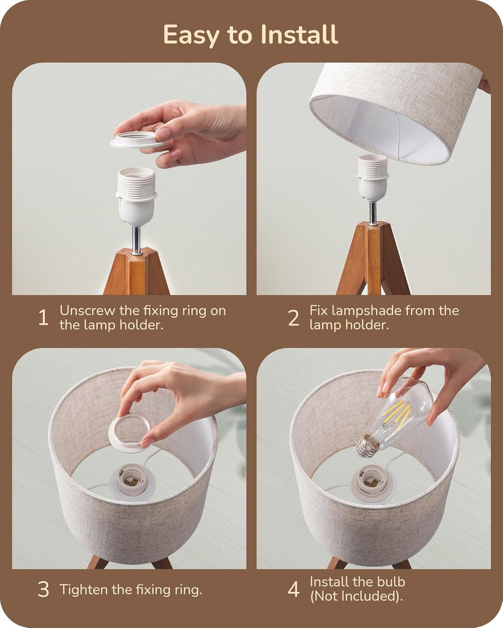 EDISHINE Tripod Table Lamp, Small Cute Bedside Lamp with Linen Beige Lampshade, Nightstand Lamp for Nursery, Bedroom, Kid Room, Living Room, Light Brown Wooden Base, E26 Socket, 14.2 Inch Yenka Supply
