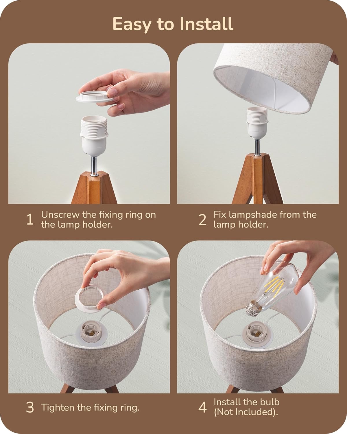 EDISHINE Tripod Table Lamp, Small Cute Bedside Lamp with Linen Beige Lampshade, Nightstand Lamp for Nursery, Bedroom, Kid Room, Living Room, Light Brown Wooden Base, E26 Socket, 14.2 Inch Yenka Supply
