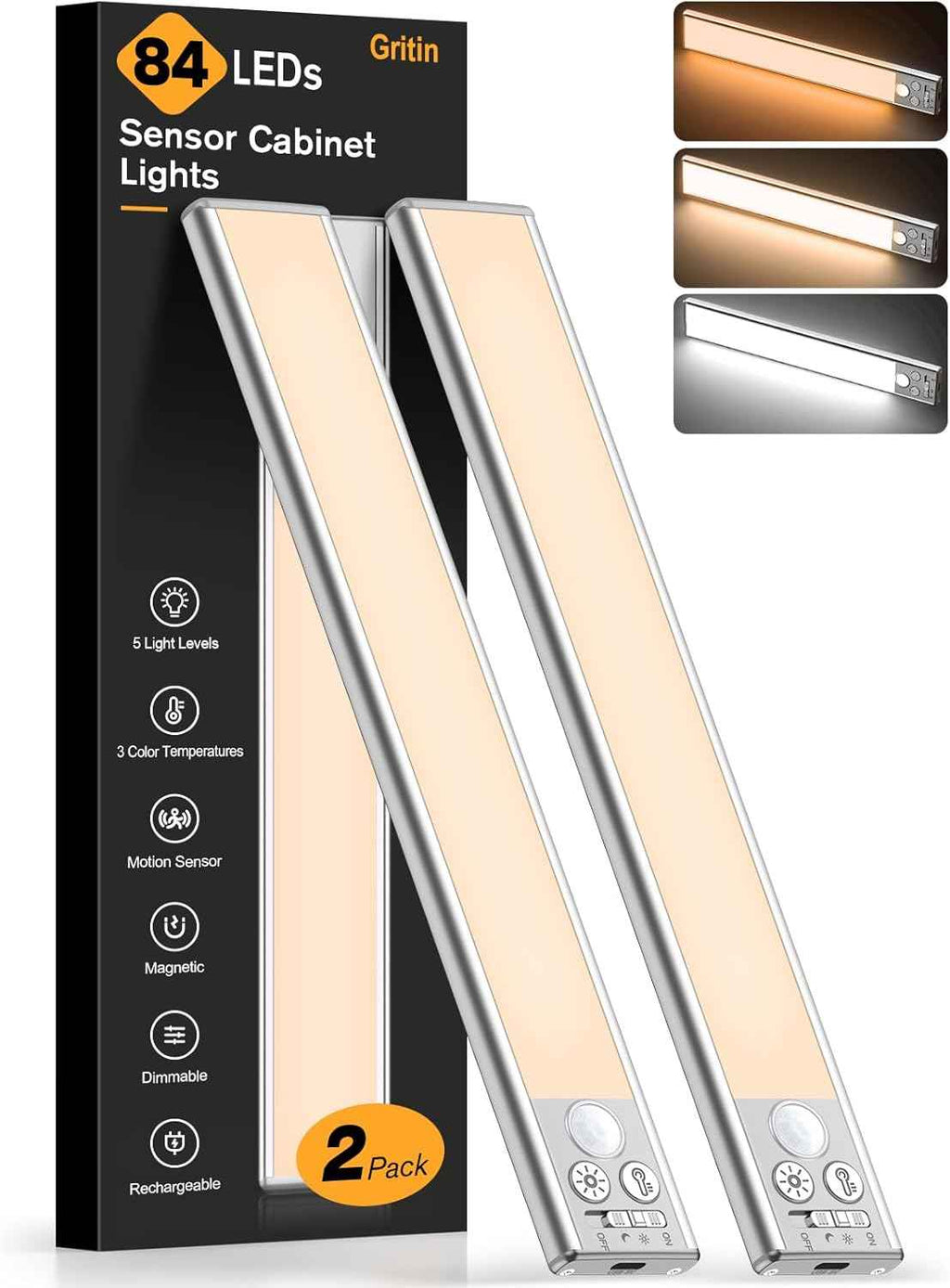 Gritin 10.2inch Under Cabinet Lighting Rechargeable 2 Pack - Super Bright with 3 Color Temps, 5 Brightness Levels, Motion Sensor & Easy Magnetic Installation