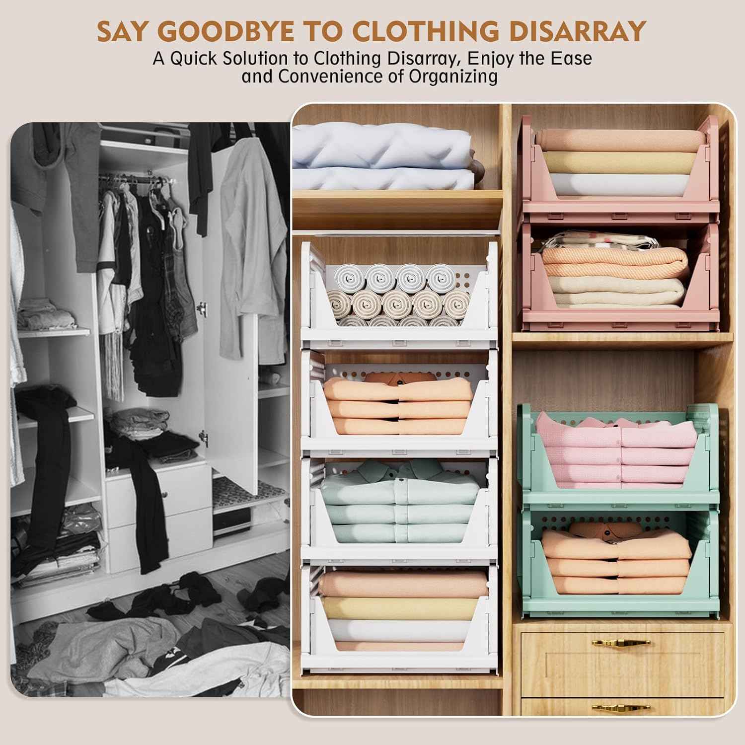 SNSLXH 5 Pack Stackable Closet Organizer - Multifunctional & Foldable Storage Baskets for Bathroom, Kitchen, Laundry Room, and Wardrobe - Space-Saving Clothes Storage Drawer Organizers in White