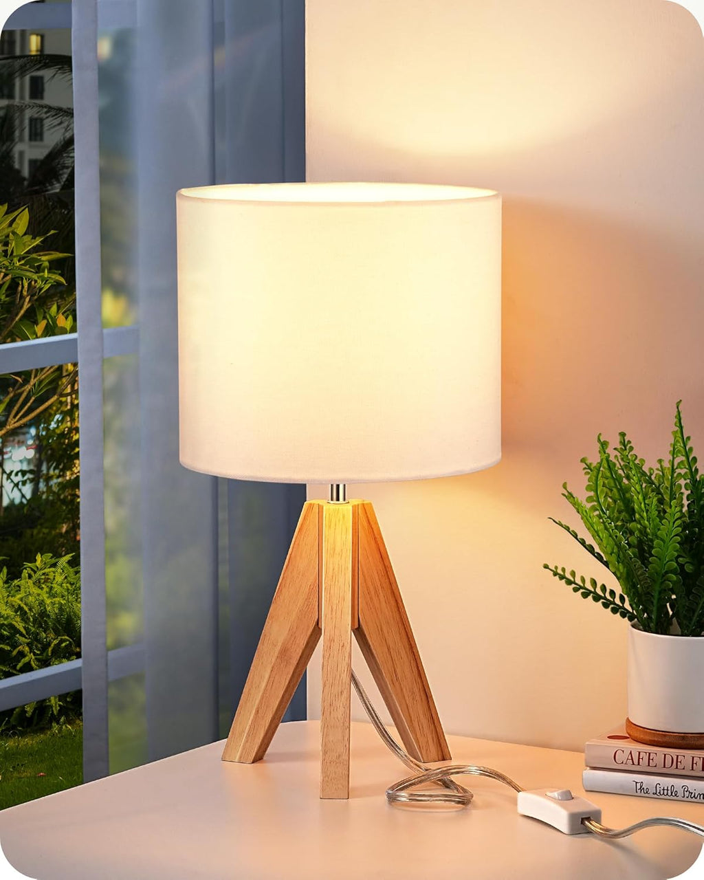EDISHINE Tripod Table Lamp, Small Cute Bedside Lamp with Linen Beige Lampshade, Nightstand Lamp for Nursery, Bedroom, Kid Room, Living Room, Light Brown Wooden Base, E26 Socket, 14.2 Inch Yenka Supply
