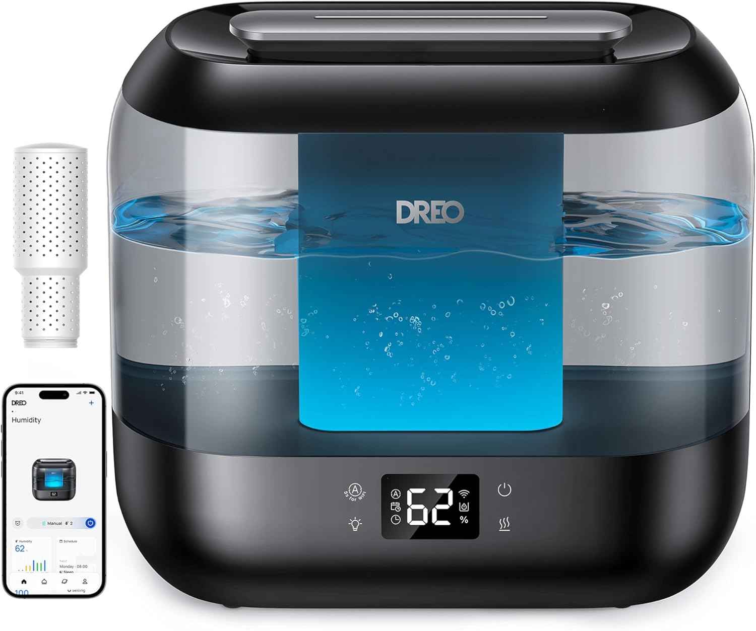 Dreo Smart Humidifiers for Bedroom - Top Fill 4L Large Room Humidifier with 28 dB, 36H Runtime, Touch/APP/Voice Control, Nightlight, Cool Mist for Baby, Plants, Indoor - Black