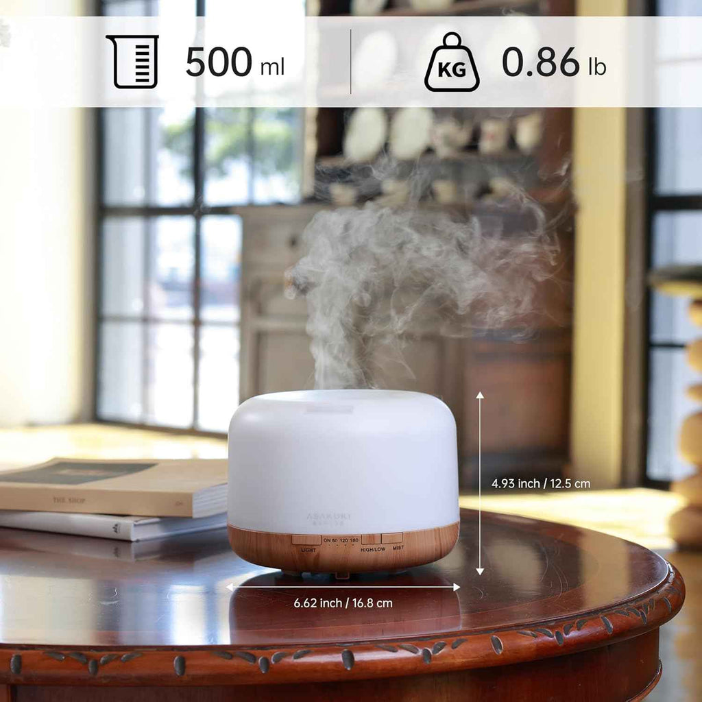 ASAKUKI Essential Oil Diffuser 500ML Aromatherapy Humidifier for Bedroom, Remote Control, 7 Color LED Lights, Quiet Cool Mist for Home and Office