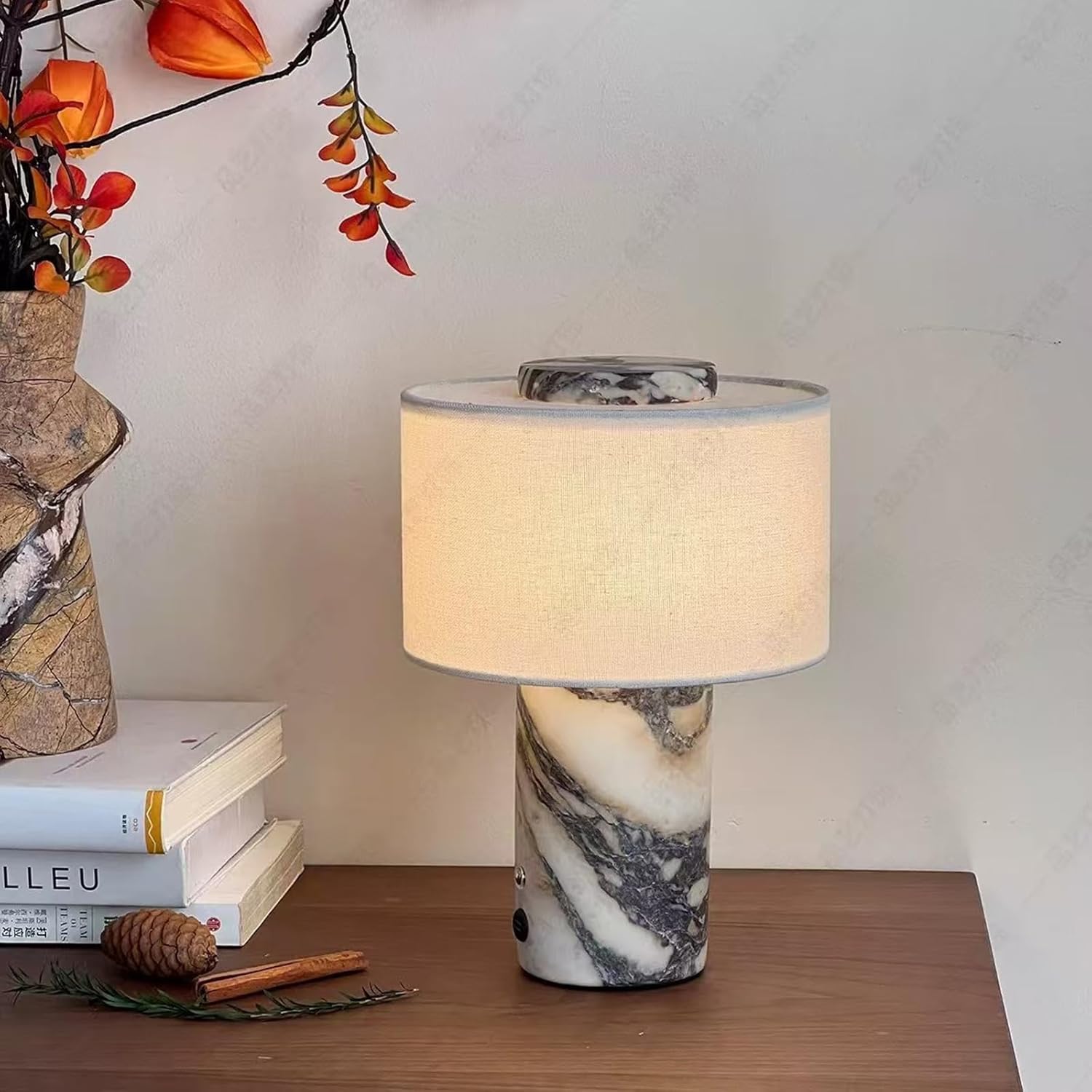 Marble Luxury Stone Rechargeable Touch Table Lamp, Cylindrical Shape, Linen Cloth Fiber Lampshade, High-End and Light Luxury, Bedroom Bedside Table Night Light（Black, White） Yenka Supply