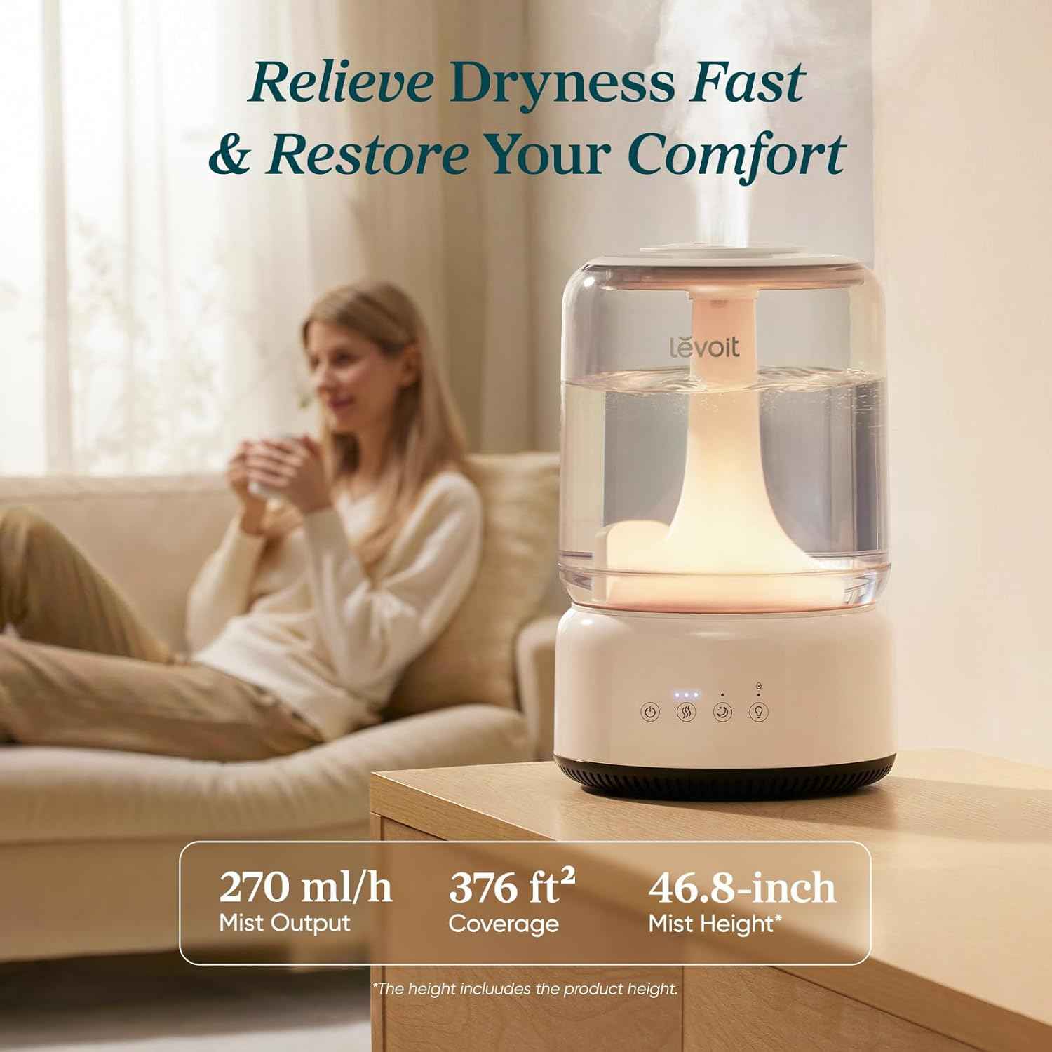 LEVOIT Humidifiers for Bedroom, 4.2L Top Fill for Large Room with 42H Runtime, Dishwasher Safe Design Easy to Clean, 21dB Quiet Cool Mist for Baby, Plants, Night Light, Essential Oil Diffuser, White