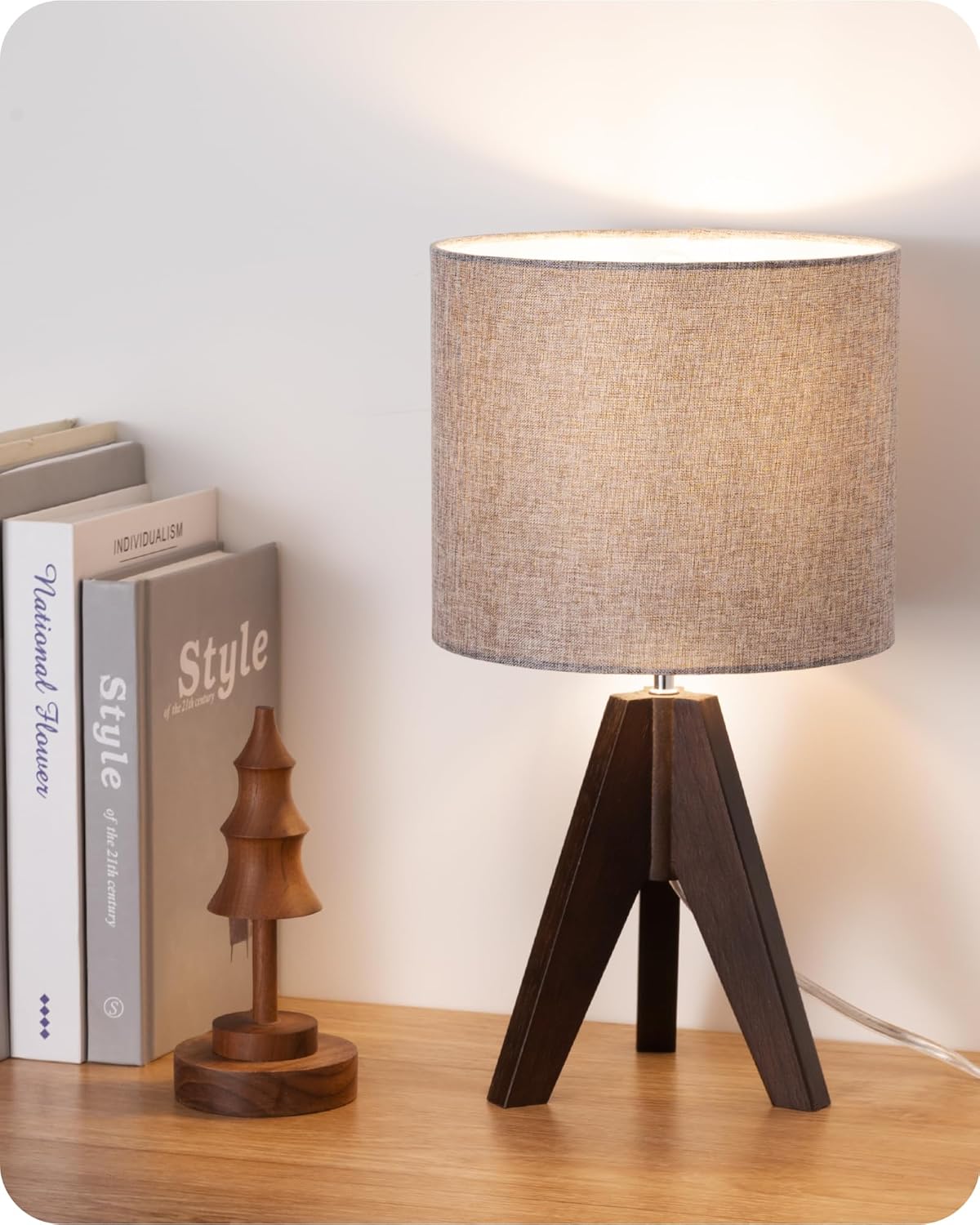 EDISHINE Tripod Table Lamp, Small Cute Bedside Lamp with Linen Beige Lampshade, Nightstand Lamp for Nursery, Bedroom, Kid Room, Living Room, Light Brown Wooden Base, E26 Socket, 14.2 Inch Yenka Supply