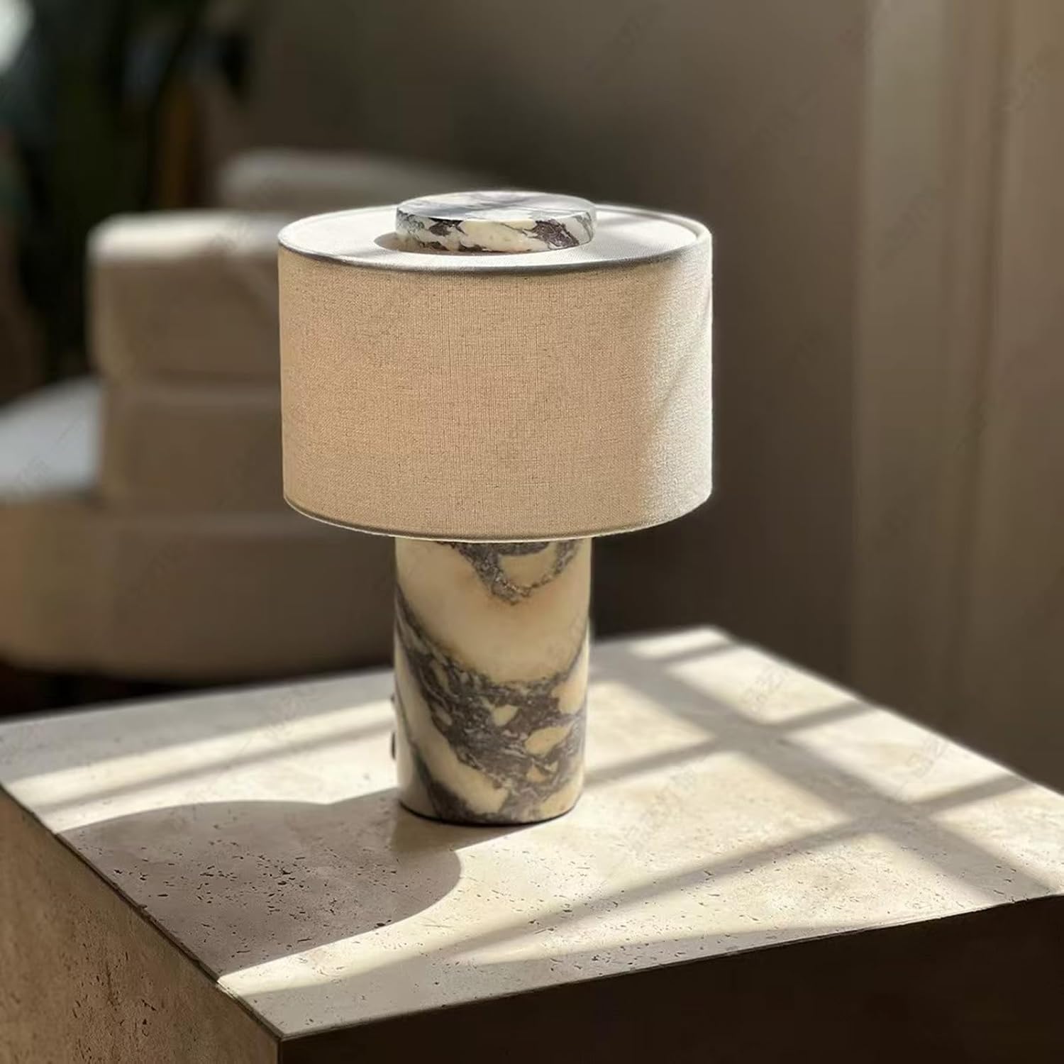 Marble Luxury Stone Rechargeable Touch Table Lamp, Cylindrical Shape, Linen Cloth Fiber Lampshade, High-End and Light Luxury, Bedroom Bedside Table Night Light（Black, White） Yenka Supply