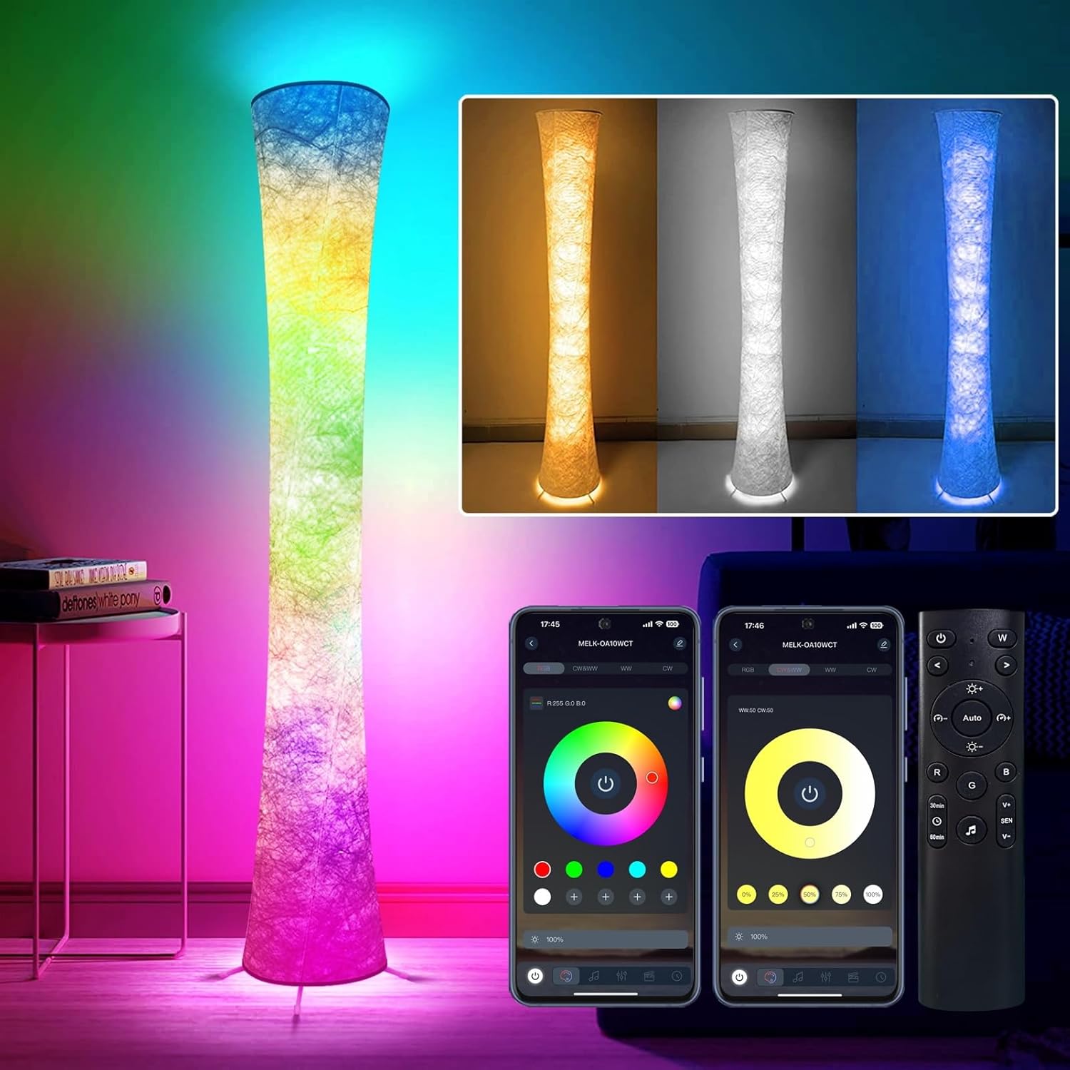 WORLD WIN Floor Lamp, 61'' Smart RGB LED Corner Lamp with Music Sync and 16 Million DIY Colors, 3 Color Temperature, APP & Remote Control, Color Changing Standing Floor Lamp for Bedroom Living Room Yenka Supply