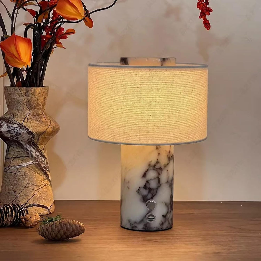 Marble Luxury Stone Rechargeable Touch Table Lamp, Cylindrical Shape, Linen Cloth Fiber Lampshade, High-End and Light Luxury, Bedroom Bedside Table Night Light（Black, White） Yenka Supply