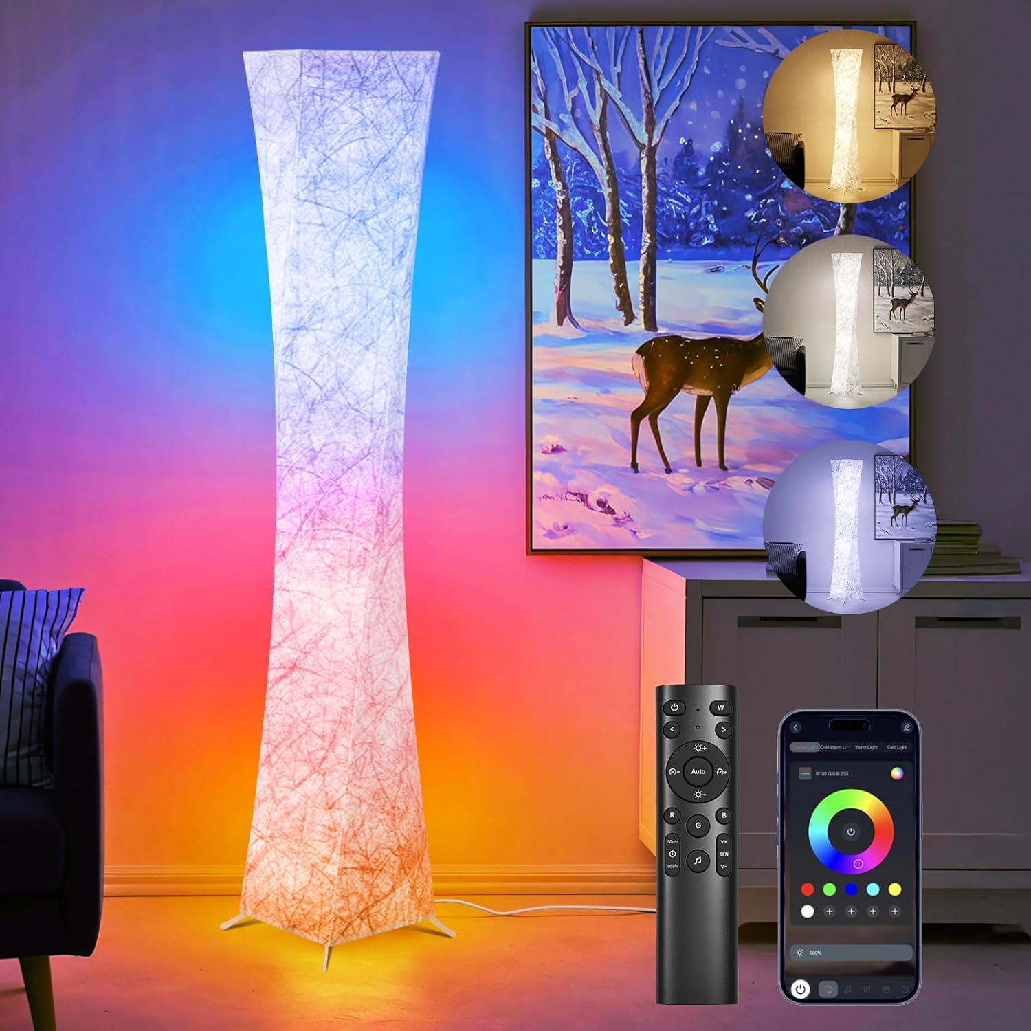 WORLD WIN Floor Lamp, 61'' Smart RGB LED Corner Lamp with Music Sync and 16 Million DIY Colors, 3 Color Temperature, APP & Remote Control, Color Changing Standing Floor Lamp for Bedroom Living Room Yenka Supply