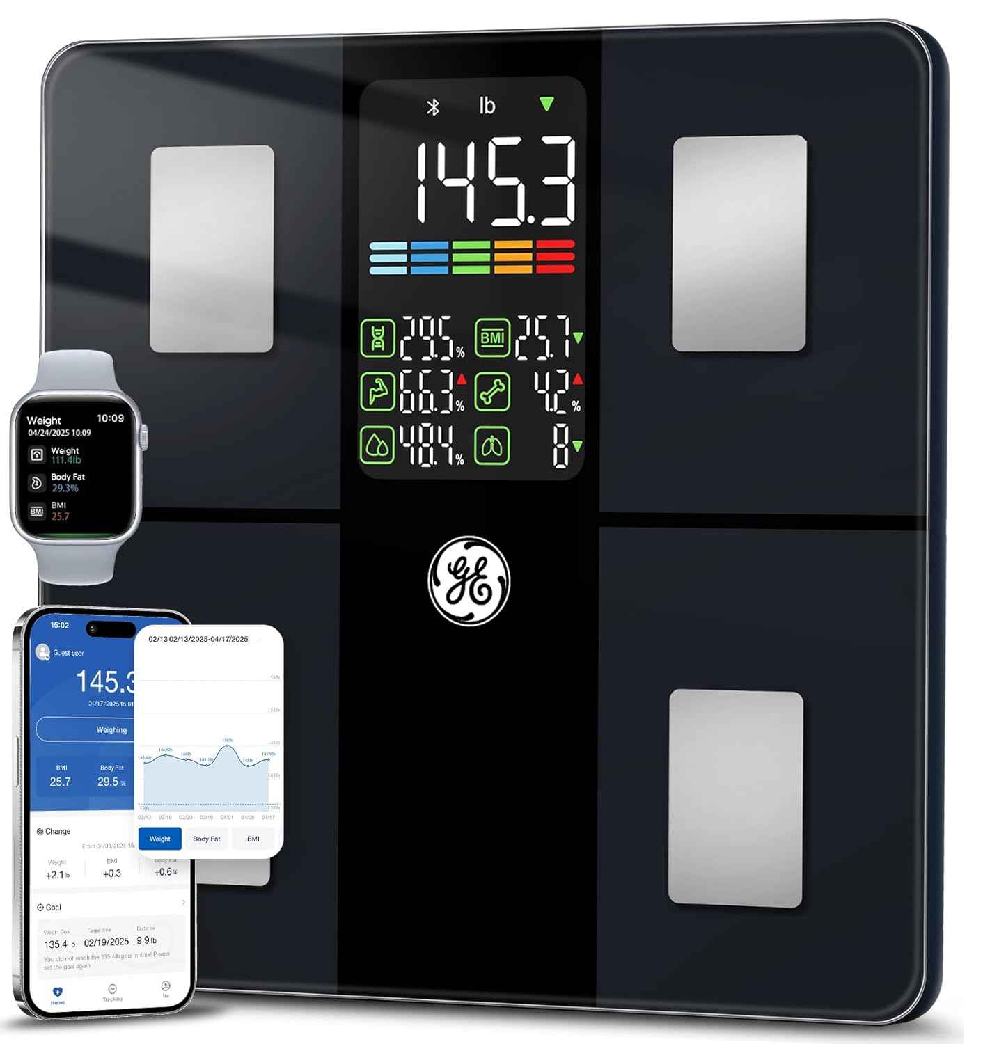 GE Body Fat Scale with 14 Body Composition Metrics, Bluetooth Smart Bathroom Scale for Accurate Weighing, 400 lbs Capacity, Large Display, Black - Yenka Supply