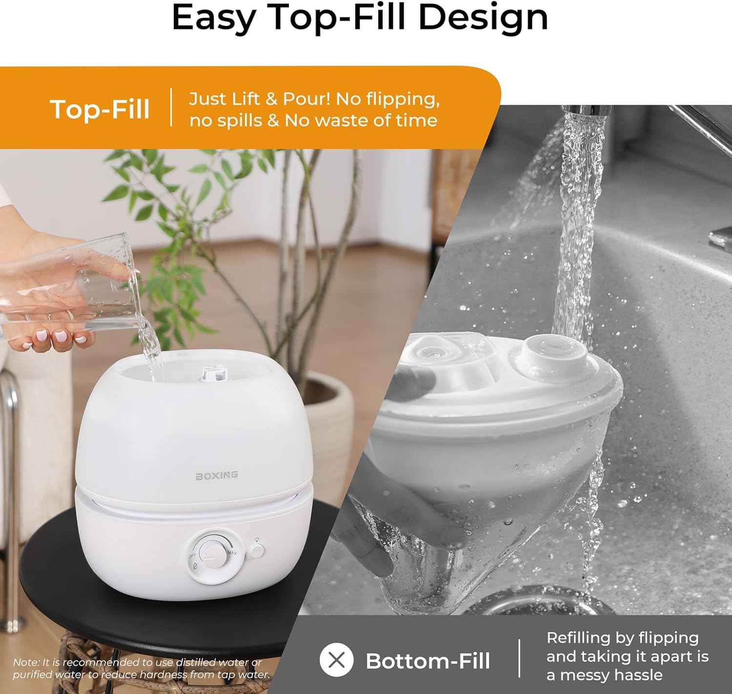 BOXING 3L Cool Mist Humidifiers, Ultra Quiet 20dB for Bedroom, Baby & Office, Top Fill Air Humidifier for Home Office & Indoor Plants