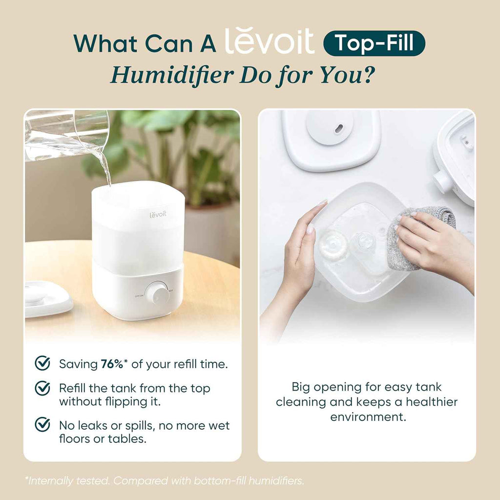 LEVOIT Top Fill Humidifier for Blocked Nose, 2.5L Tank for Large Room, Quiet Cool Mist Air Humidifier for Home Baby Nursery & Plants, Easy to Fill & Clean, Auto Shut-off for Safety, 25H