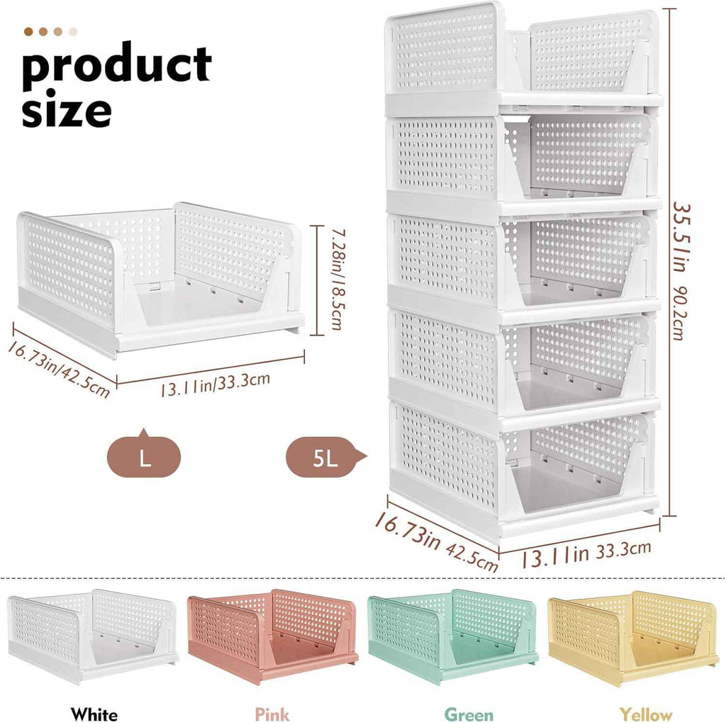 SNSLXH 5 Pack Stackable Closet Organizer - Multifunctional & Foldable Storage Baskets for Bathroom, Kitchen, Laundry Room, and Wardrobe - Space-Saving Clothes Storage Drawer Organizers in White