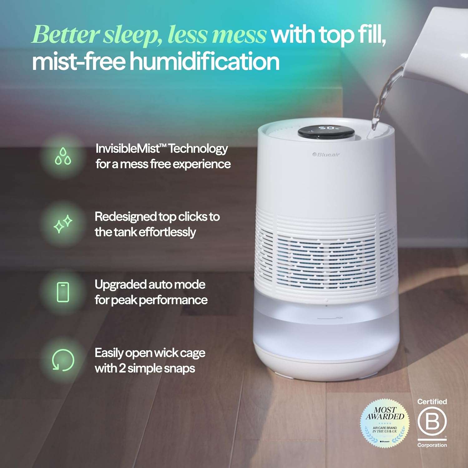 BLUEAIR Premium Smart Humidifier for Large Rooms, Bedrooms, Better Sleep with Evaporative Invisible Mist Tech, Auto Humidify, Easy Top Fill, Smart Control with App, Touchscreen, 3.5L Tank for 48 hours Yenka Supply