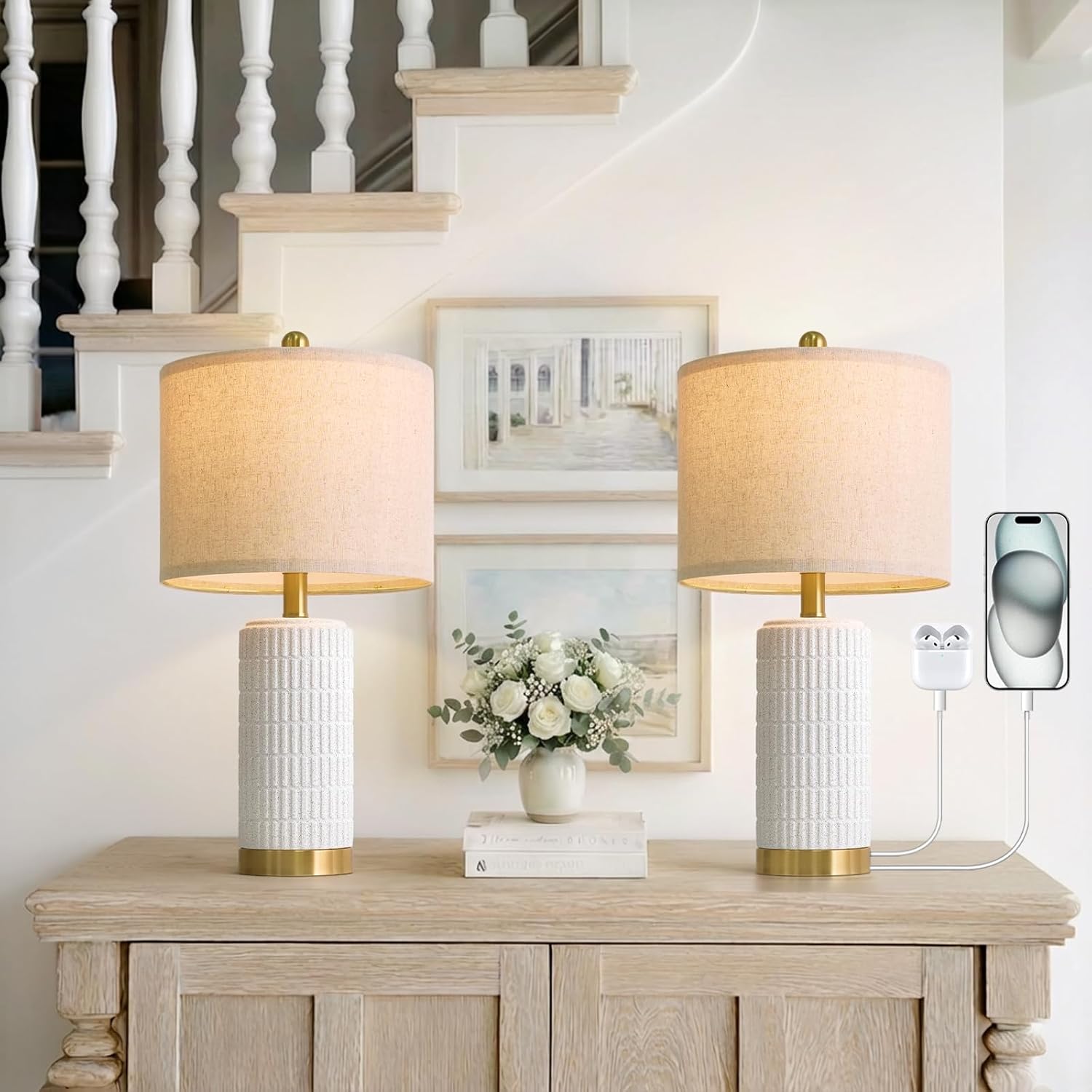 PoKat 20.75" Small Modern Ceramic Table Lamps Set of 2 for Bedroom, White Bedside Lamps for Night Stands, Farmhouse Desk Decor Gift Nightstand Table Lamps for Living Room End Table Beige Yenka Supply