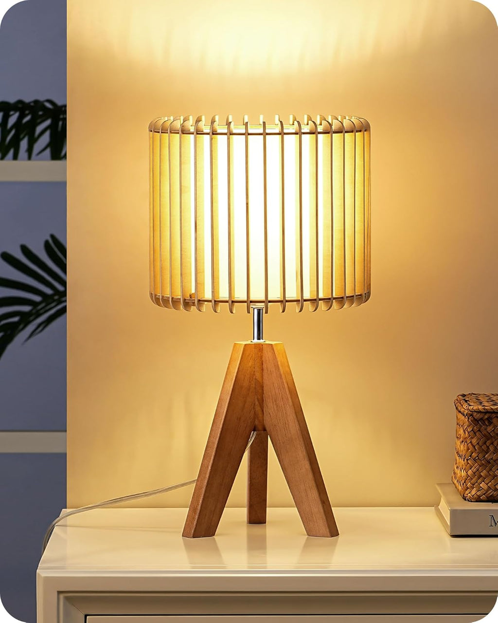 EDISHINE Tripod Table Lamp, Small Cute Bedside Lamp with Linen Beige Lampshade, Nightstand Lamp for Nursery, Bedroom, Kid Room, Living Room, Light Brown Wooden Base, E26 Socket, 14.2 Inch Yenka Supply
