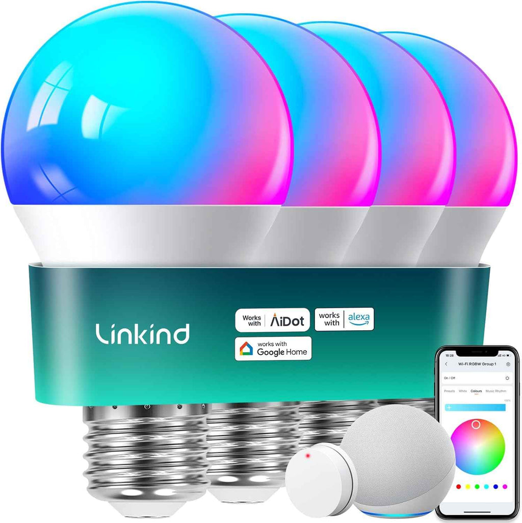 Linkind Smart Light Bulbs - Color Changing LED Bulbs with Alexa & Google Home, 104 Preset Scenes, Music Sync, A19 E26 WiFi Bluetooth 60W, 800LM - 4 Pack