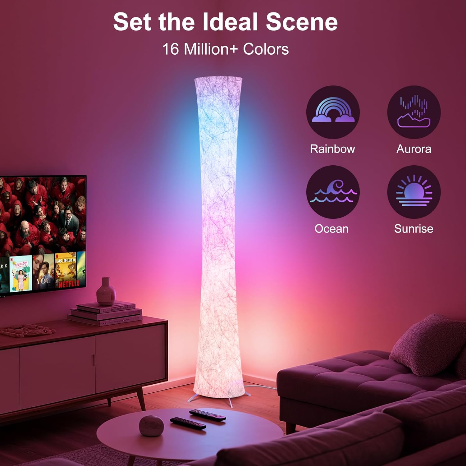 WORLD WIN Floor Lamp, 61'' Smart RGB LED Corner Lamp with Music Sync and 16 Million DIY Colors, 3 Color Temperature, APP & Remote Control, Color Changing Standing Floor Lamp for Bedroom Living Room Yenka Supply
