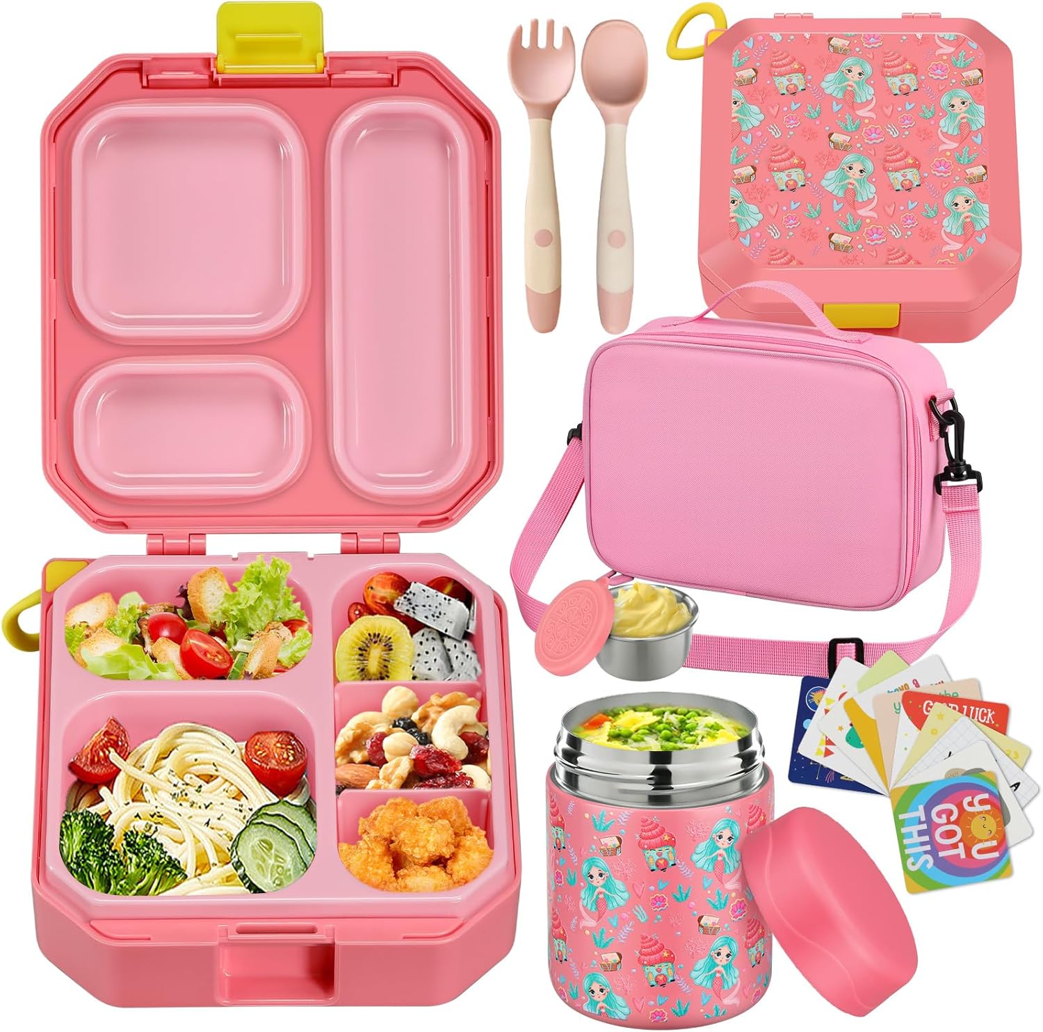 Bento Style Lunch Box for Kids with 12oz Soup Thermo - Leak-Proof Food Container, 5 Compartment Hot Food Jar & Insulated Lunch Bag for School - Yenka Supply