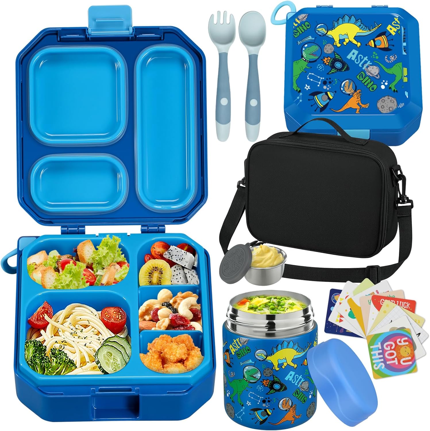Bento Style Lunch Box for Kids with 12oz Soup Thermo - Leak-Proof Food Container, 5 Compartment Hot Food Jar & Insulated Lunch Bag for School - Yenka Supply