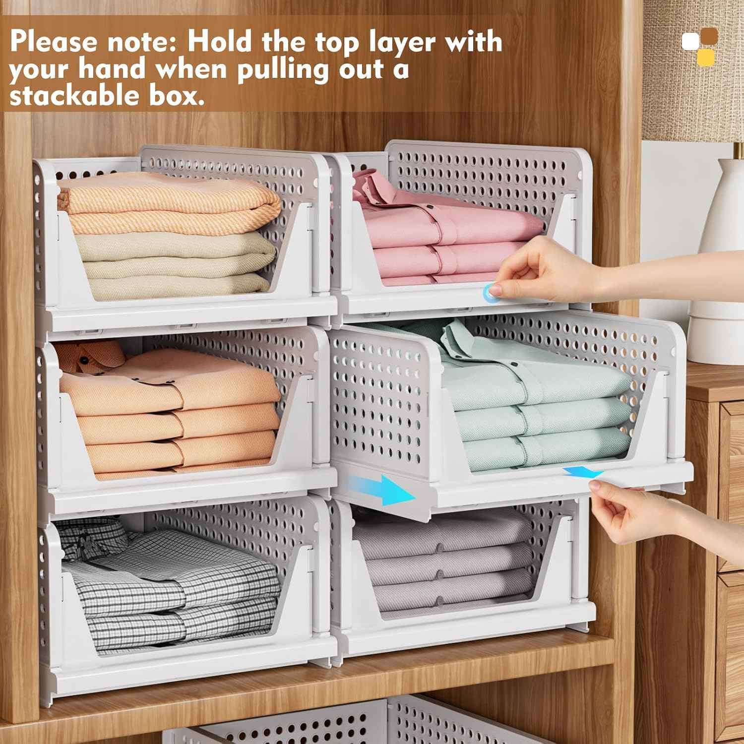 SNSLXH 5 Pack Stackable Closet Organizer - Multifunctional & Foldable Storage Baskets for Bathroom, Kitchen, Laundry Room, and Wardrobe - Space-Saving Clothes Storage Drawer Organizers in White