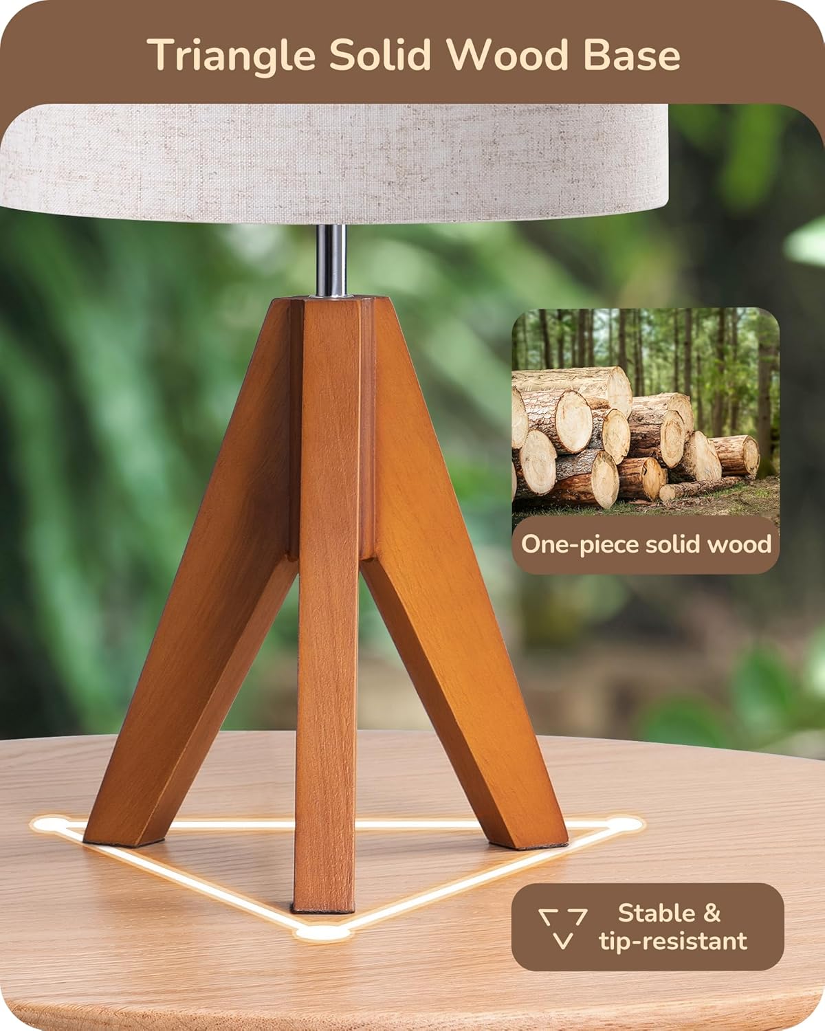 EDISHINE Tripod Table Lamp, Small Cute Bedside Lamp with Linen Beige Lampshade, Nightstand Lamp for Nursery, Bedroom, Kid Room, Living Room, Light Brown Wooden Base, E26 Socket, 14.2 Inch Yenka Supply