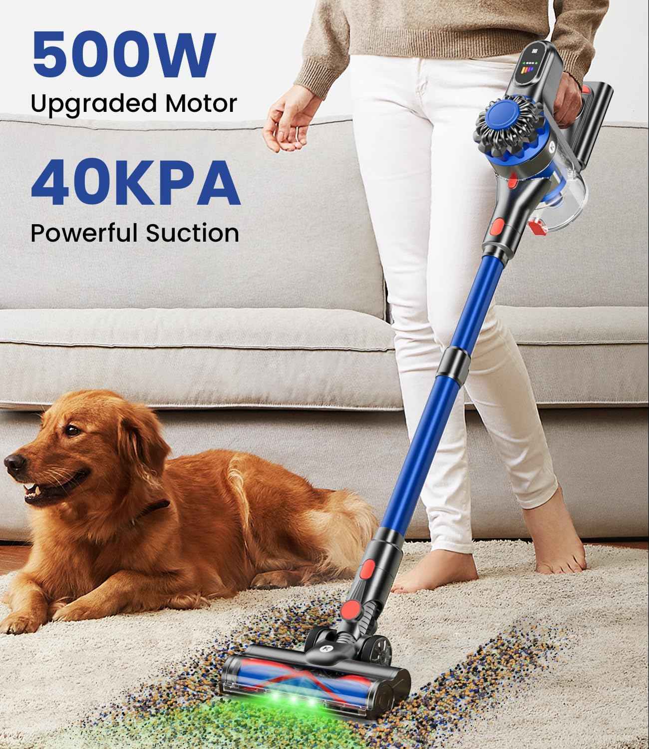 Cordless Vacuum Cleaner 500W/40Kpa - 60Mins Stick Vacuum with LED Display, Anti-Tangle & Wall Mount Charging, 8 in 1 Lightweight for Home and Pet Hair on Hard Floors & Carpet