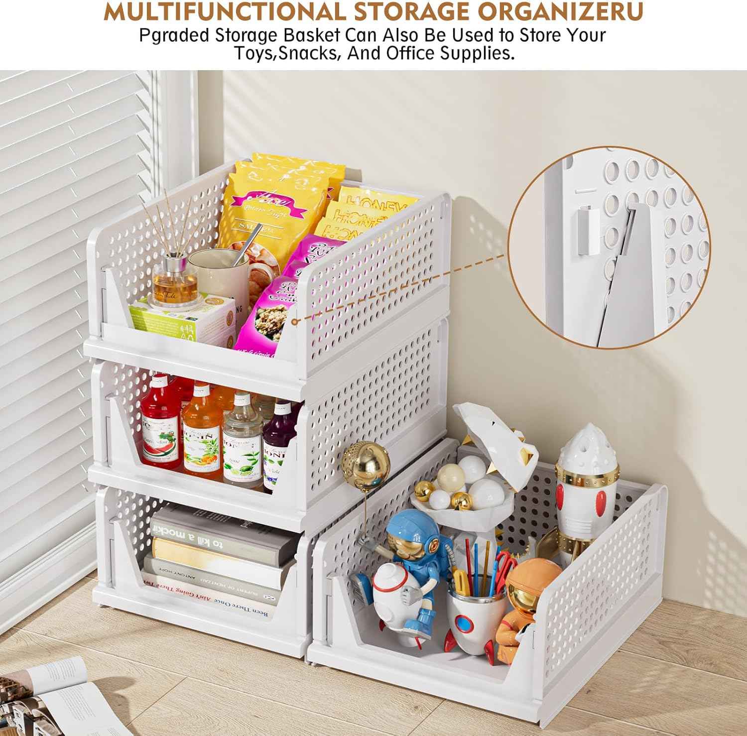 SNSLXH 5 Pack Stackable Closet Organizer - Multifunctional & Foldable Storage Baskets for Bathroom, Kitchen, Laundry Room, and Wardrobe - Space-Saving Clothes Storage Drawer Organizers in White