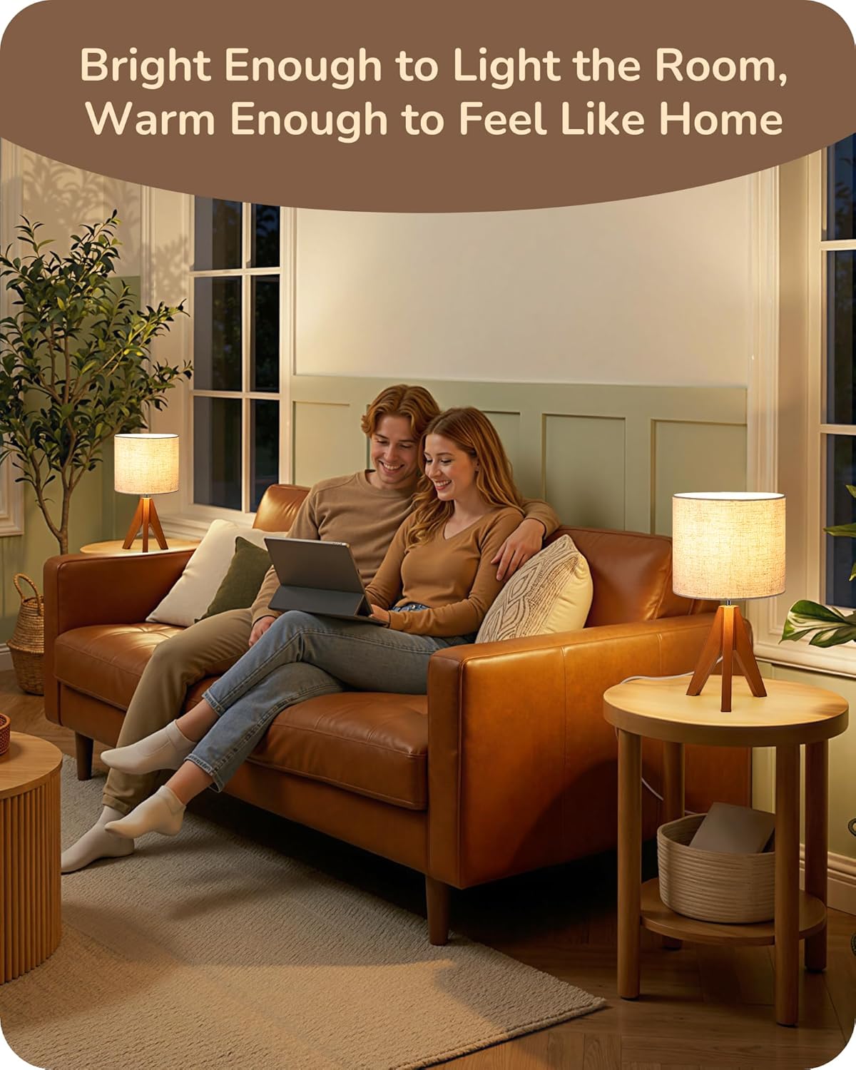 EDISHINE Tripod Table Lamp, Small Cute Bedside Lamp with Linen Beige Lampshade, Nightstand Lamp for Nursery, Bedroom, Kid Room, Living Room, Light Brown Wooden Base, E26 Socket, 14.2 Inch Yenka Supply