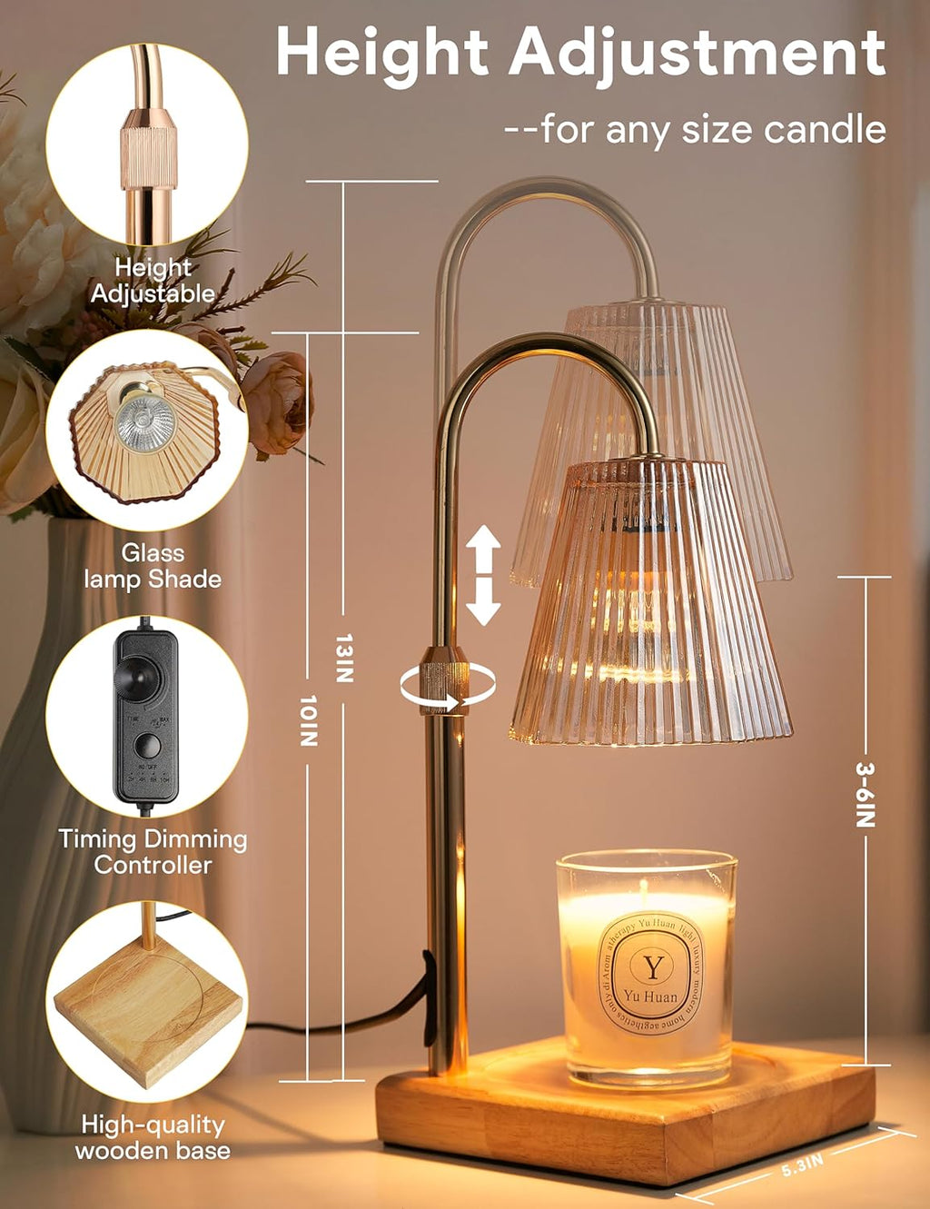 Candle Warmer Lamp with Timer, Dimmable Candle Warmer for Home Decor, Birthday Gifts for Women Mom, Adjustable Height Wax Melt Warmer with 2 Bulbs Yenka Supply